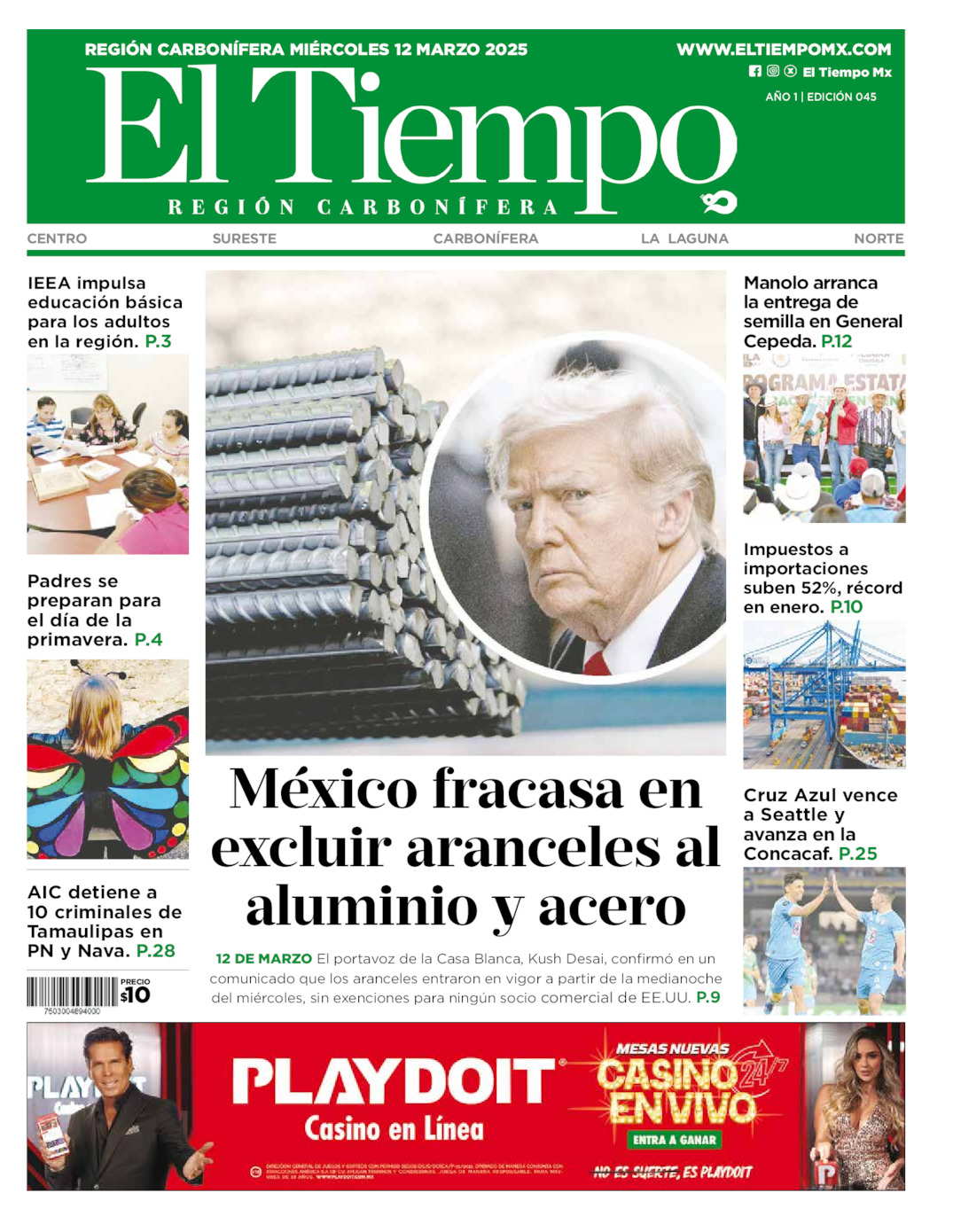 Edición impresa: Portada del miércoles 12 de marzo de 2025, El Tiempo región <strong>Carbonífera</strong>