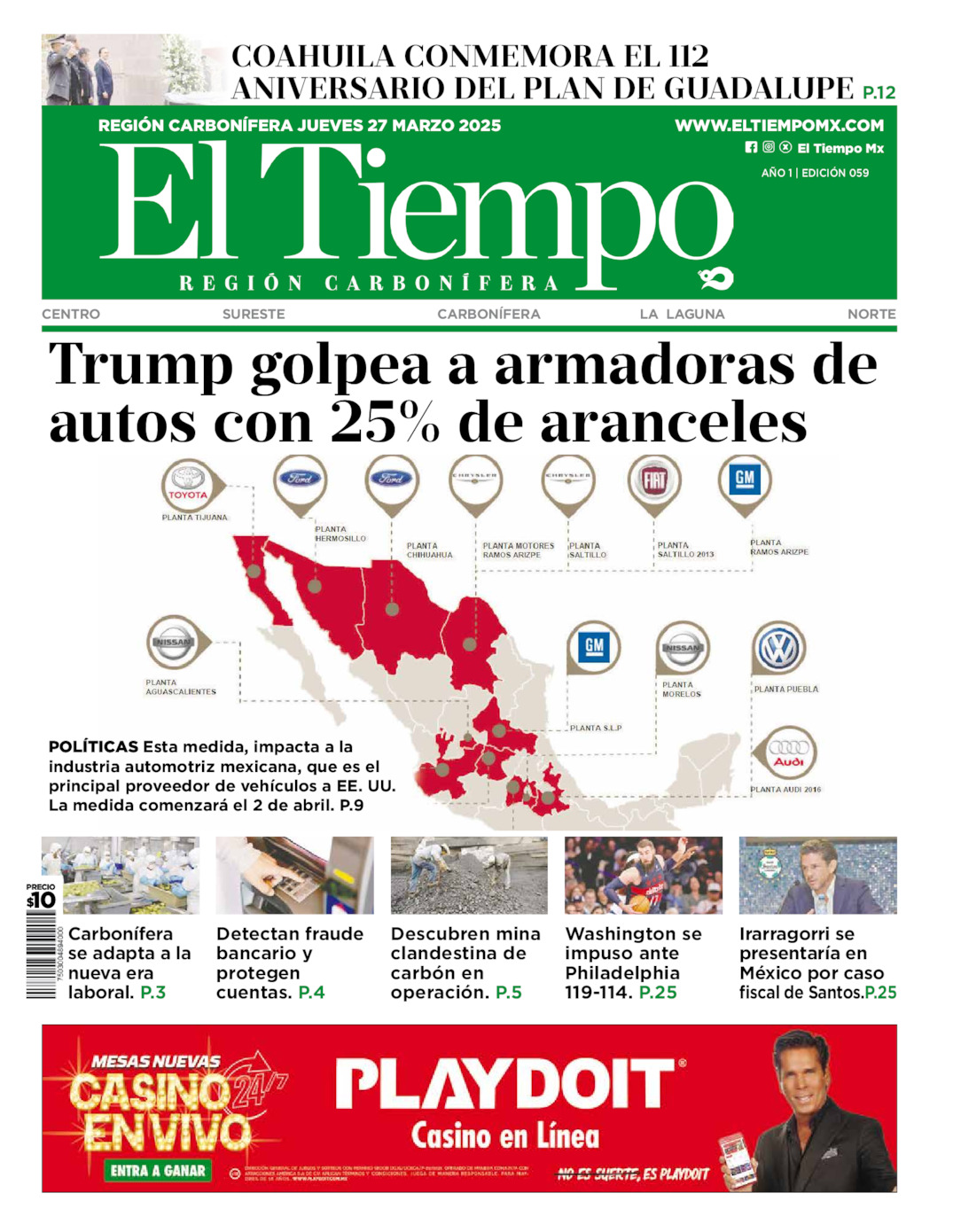 Edición impresa: Portada del jueves 27 de marzo de 2025, El Tiempo región <strong>Carbonífera</strong>