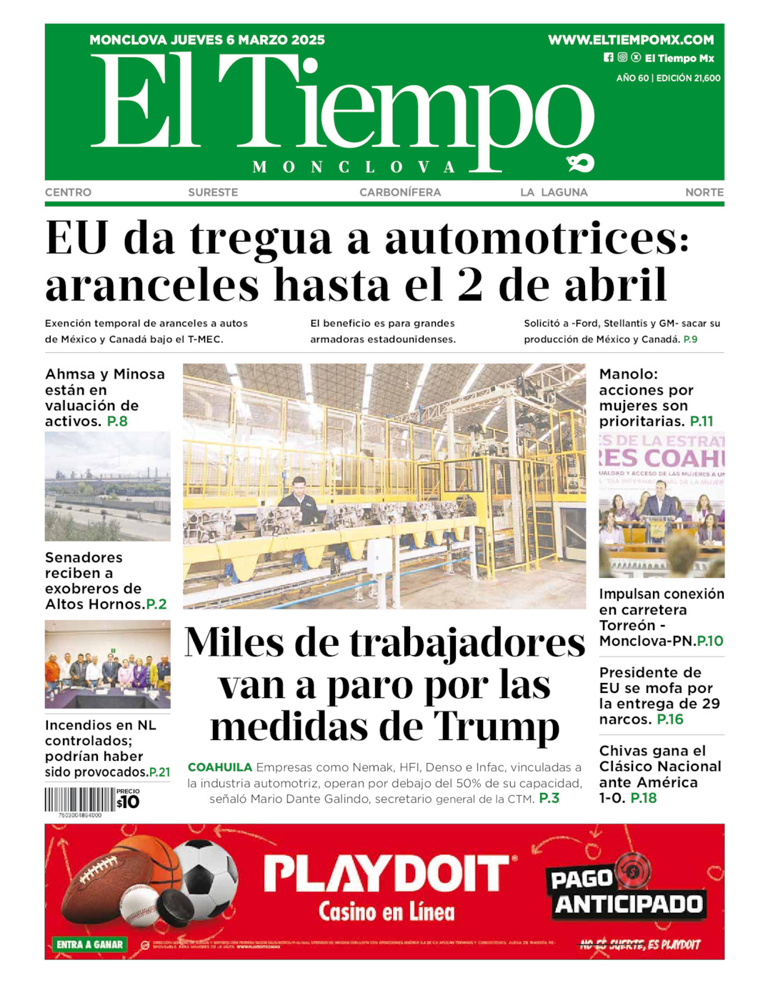 Edición impresa: Portada del jueves 06 de marzo de 2025, El Tiempo de <strong>Monclova</strong>