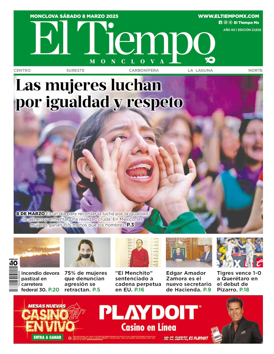 Edición impresa: Portada del sábado 08 de marzo de 2025, El Tiempo de <strong>Monclova</strong>