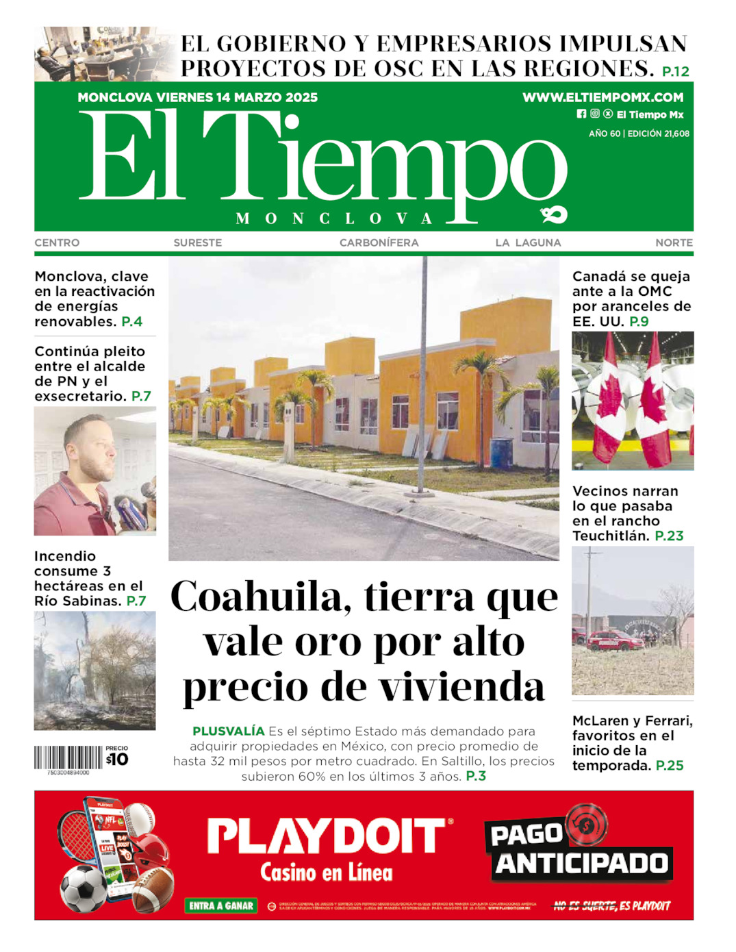 Edición impresa: Portada del viernes 14 de marzo de 2025, El Tiempo de <strong>Monclova</strong>