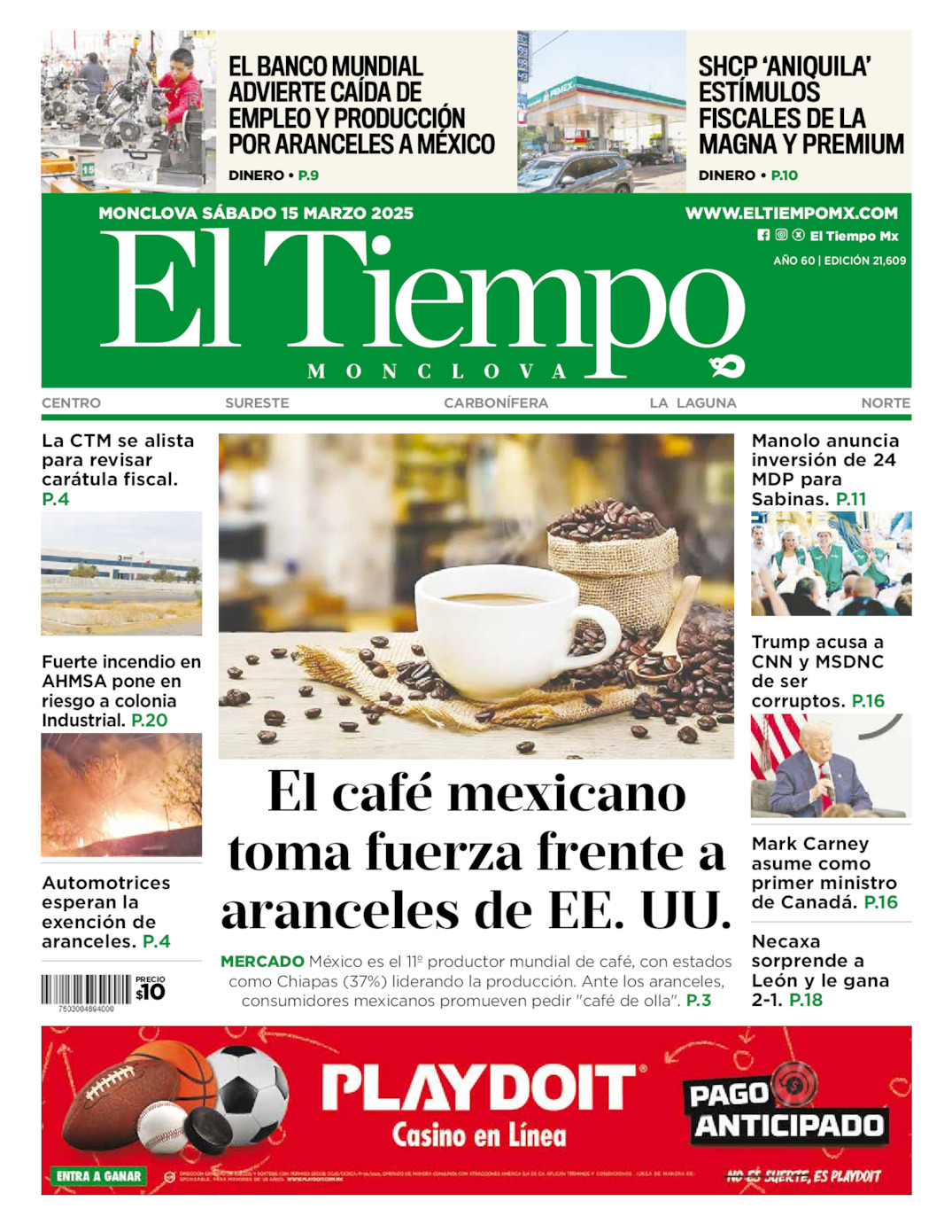 Edición impresa: Portada del sábado 15 de marzo de 2025, El Tiempo de <strong>Monclova</strong>