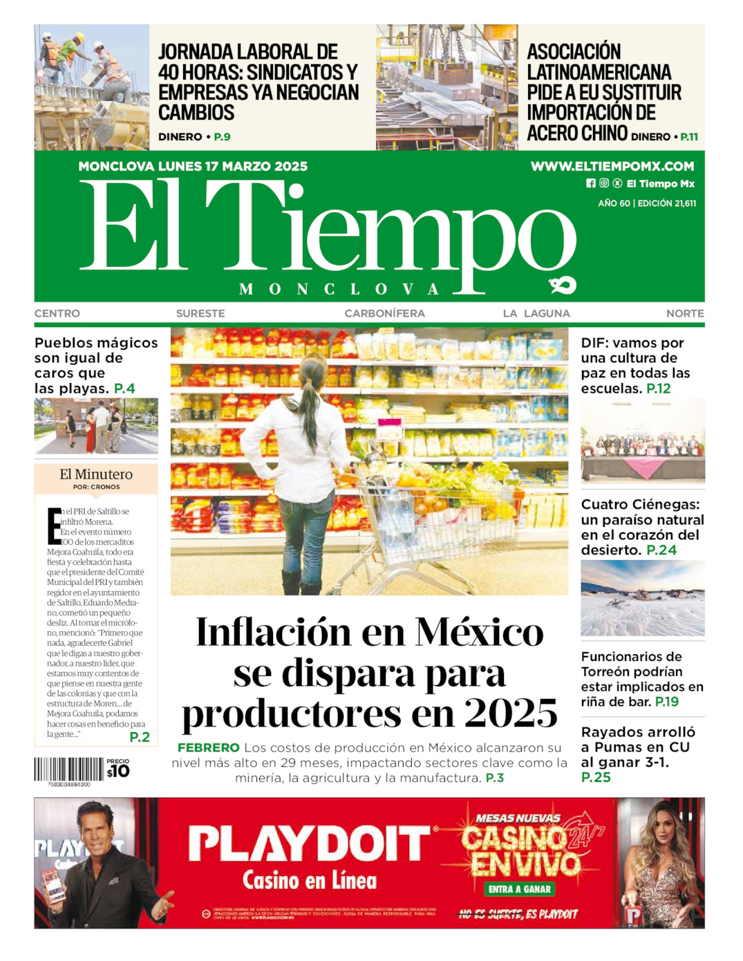 Edición impresa: Portada del lunes 17 de marzo de 2025, El Tiempo de <strong>Monclova</strong>