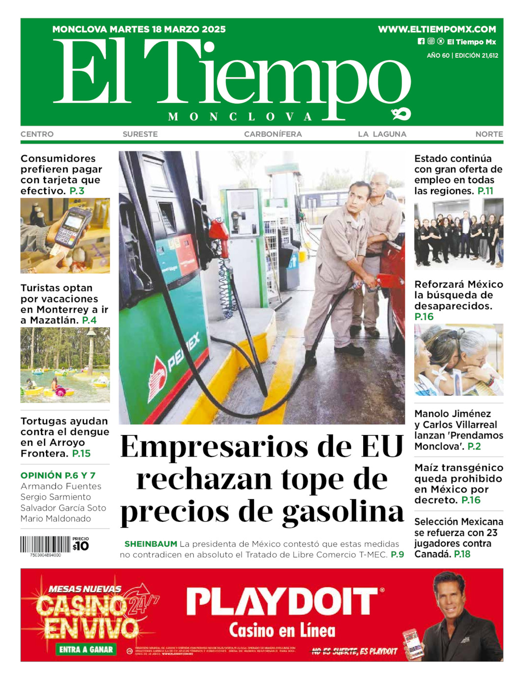 Edición impresa: Portada del martes 18 de marzo de 2025, El Tiempo de <strong>Monclova</strong>