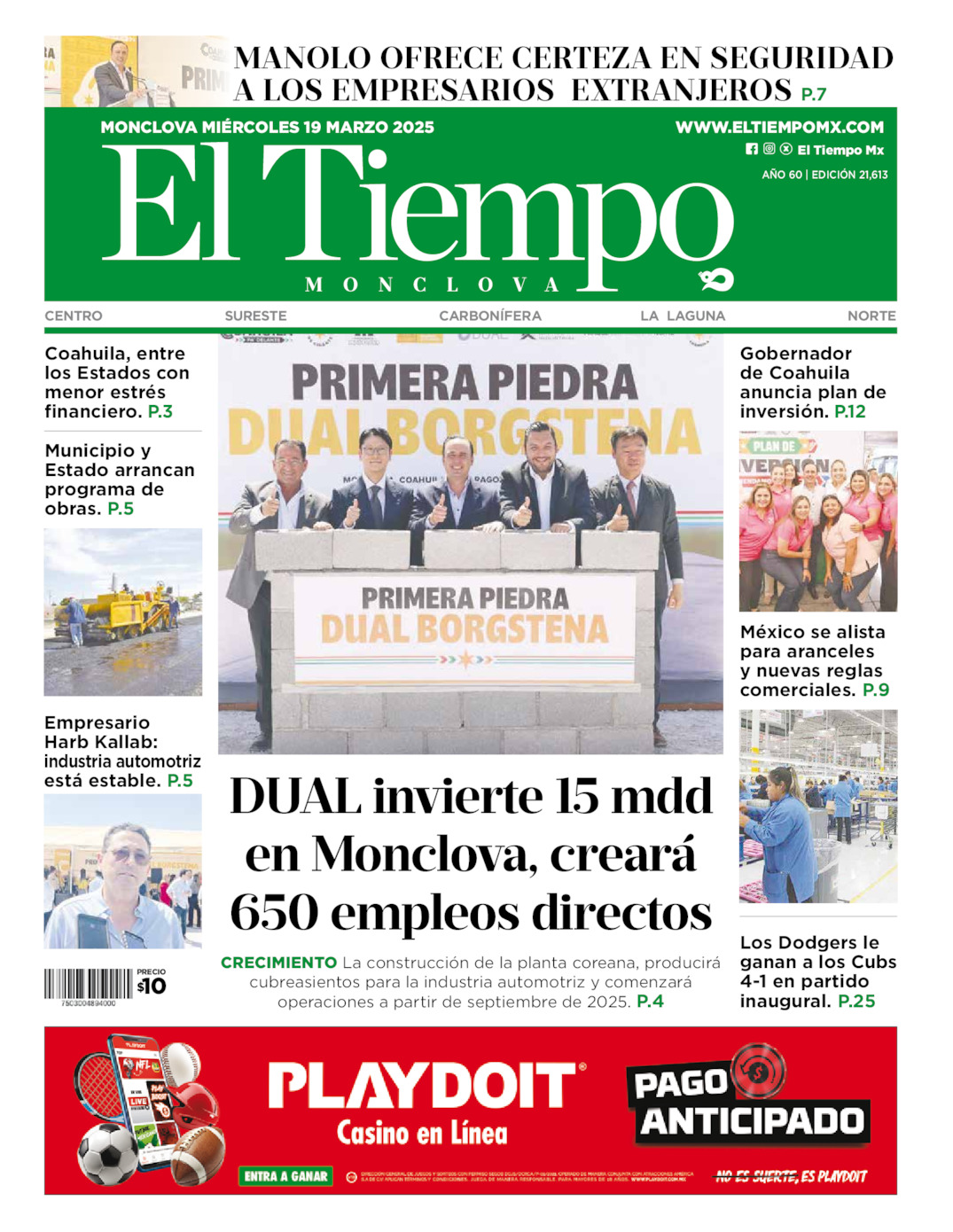 Edición impresa: Portada del miércoles 19 de marzo de 2025, El Tiempo de <strong>Monclova</strong>