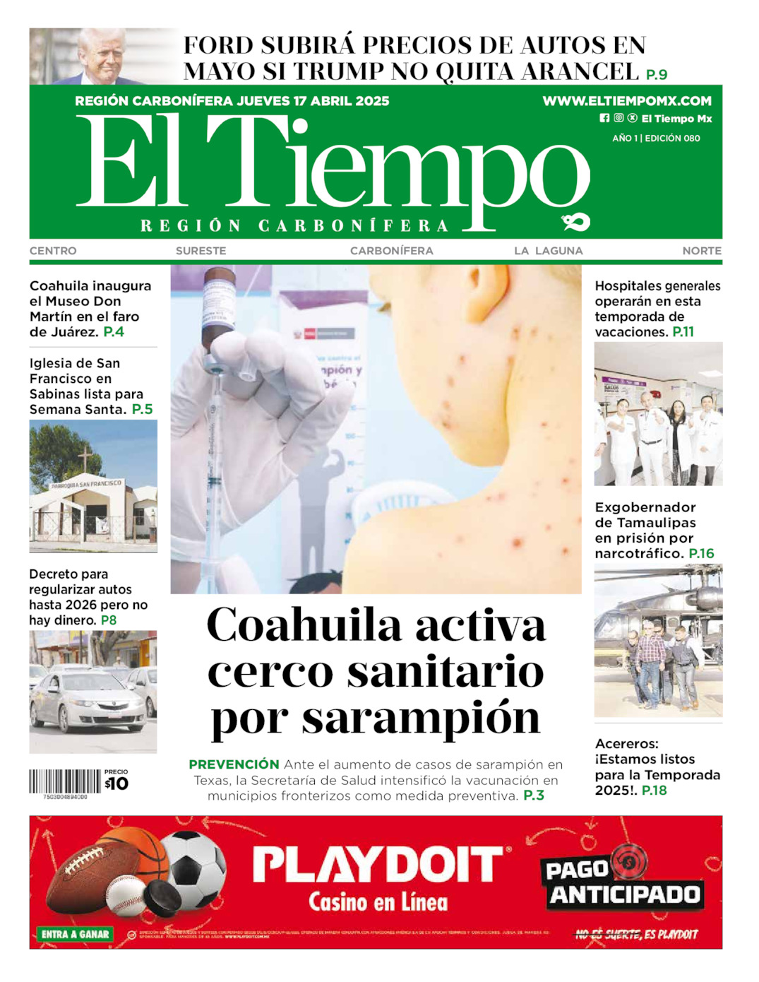 Edición impresa: Portada del jueves 17 de abril de 2025, El Tiempo región <strong>Carbonífera</strong>