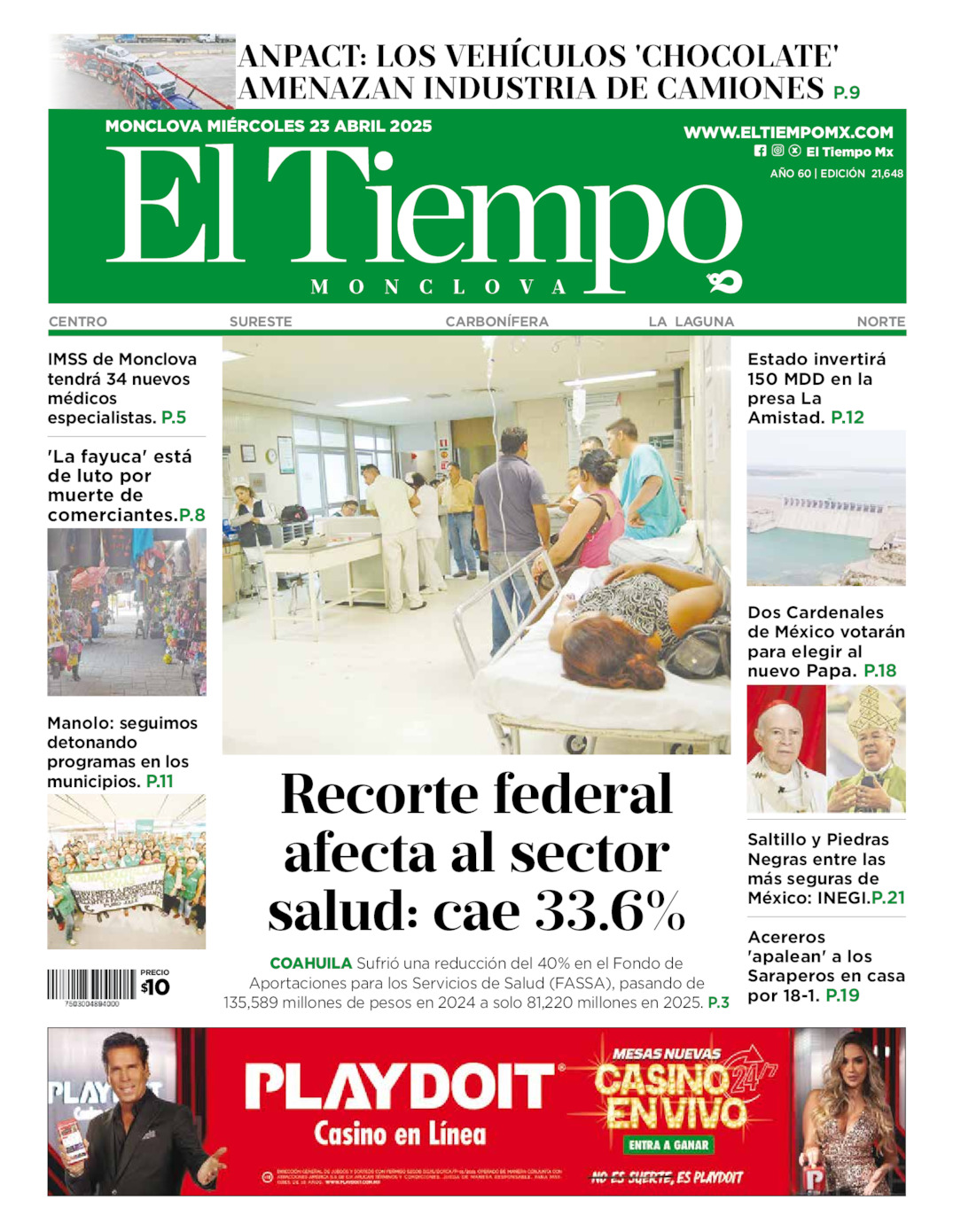 Edición impresa: Portada del miércoles 23 de abril de 2025, El Tiempo de <strong>Monclova</strong>