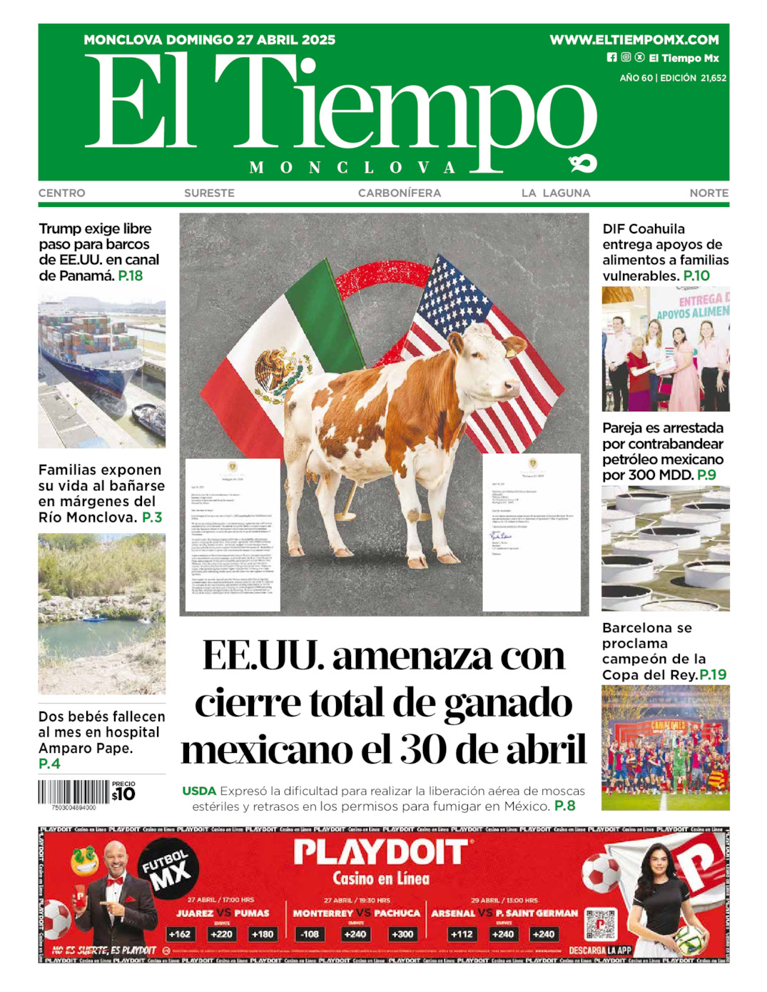Edición impresa: Portada del domingo 27 de abril de 2025, El Tiempo de <strong>Monclova</strong>