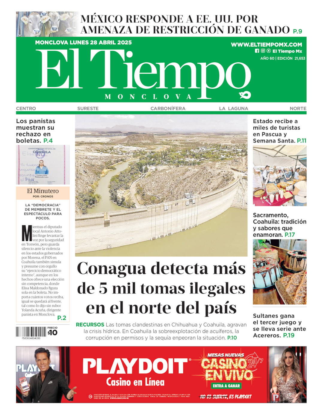 Edición impresa: Portada del lunes 28 de abril de 2025, El Tiempo de <strong>Monclova</strong>
