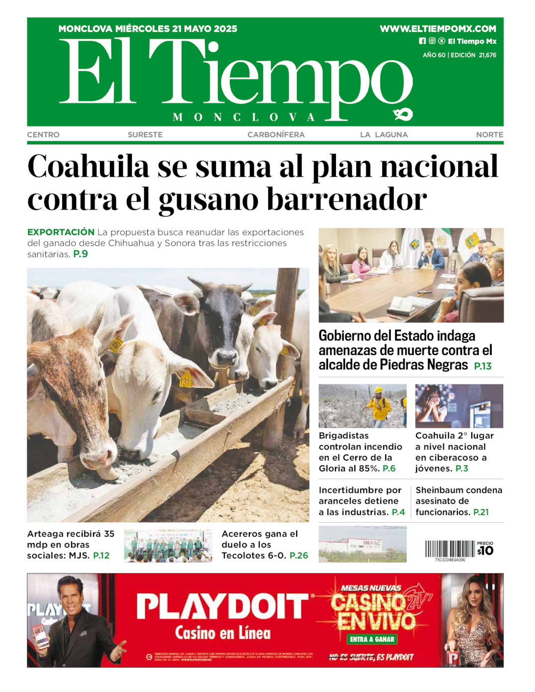 Edición impresa: Portada del miércoles 21 de mayo de 2025, El Tiempo de <strong>Monclova</strong>