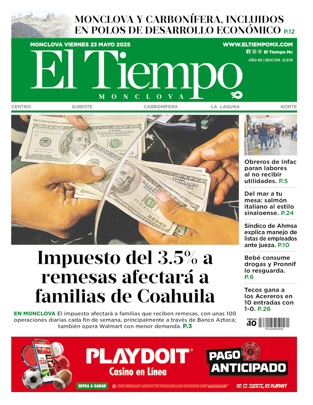 Edición impresa: Portada del viernes 23 de mayo de 2025, El Tiempo de <strong>Monclova</strong>