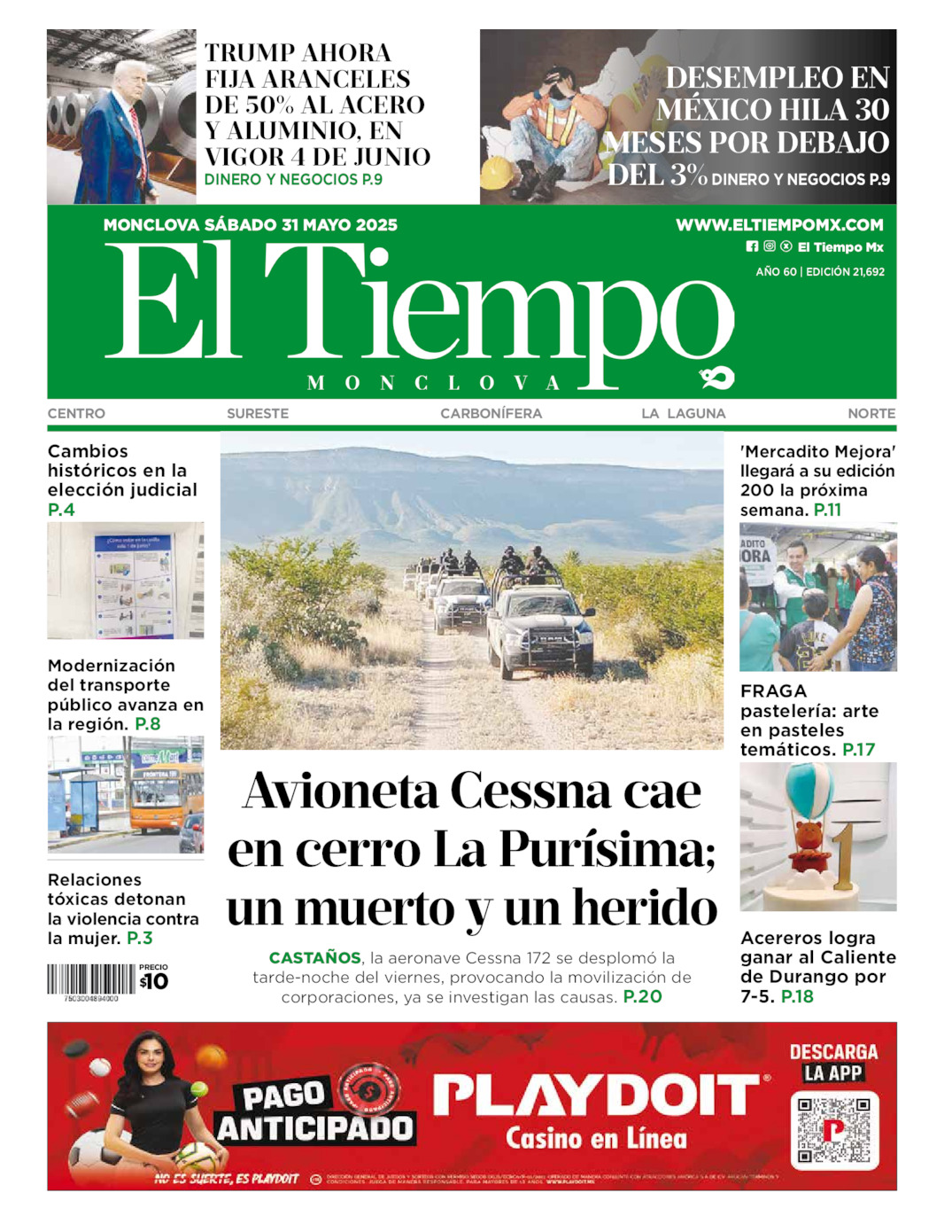Edición impresa: Portada del sábado 31 de mayo de 2025, El Tiempo de <strong>Monclova</strong>