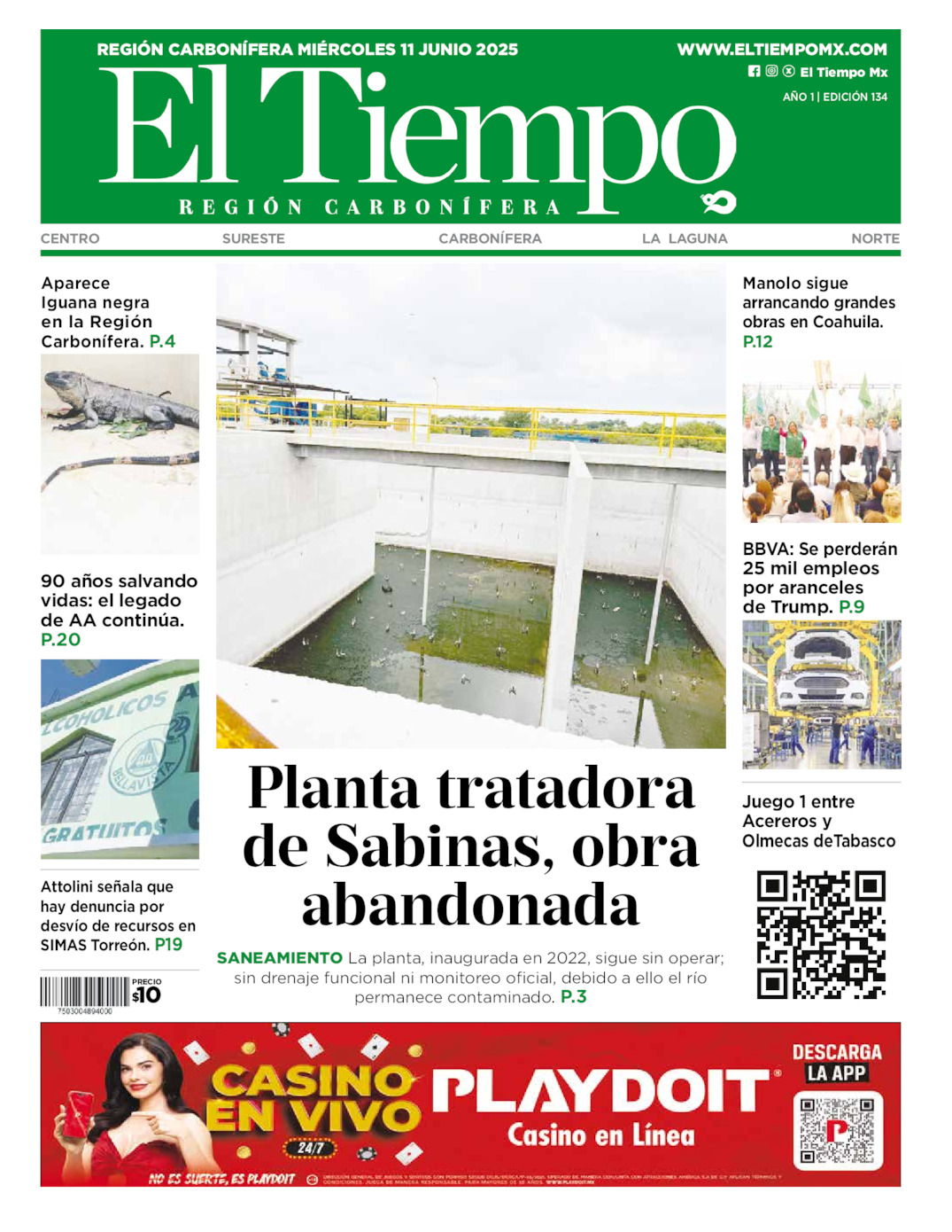 Edición impresa: Portada del miércoles 11 de junio de 2025, El Tiempo región <strong>Carbonífera</strong>
