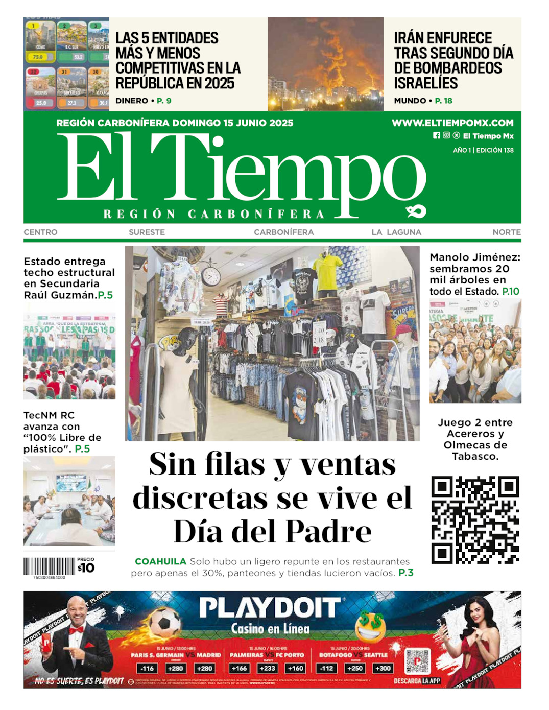 Edición impresa: Portada del domingo 15 de junio de 2025, El Tiempo región <strong>Carbonífera</strong>