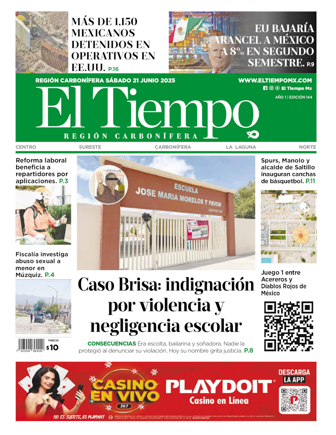 Edición impresa: Portada del sábado 21 de junio de 2025, El Tiempo región <strong>Carbonífera</strong>