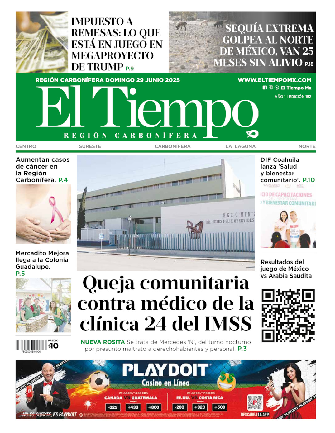 Edición impresa: Portada del domingo 29 de junio de 2025, El Tiempo región <strong>Carbonífera</strong>
