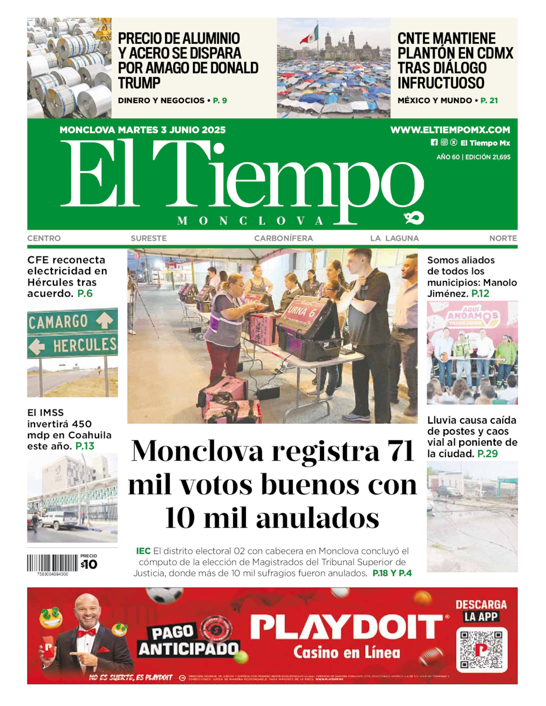 Edición impresa: Portada del martes 03 de junio de 2025, El Tiempo de <strong>Monclova</strong>