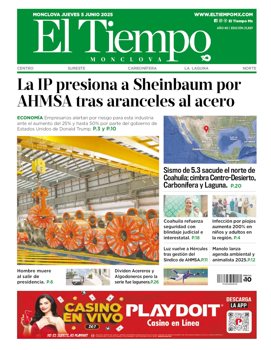 Edición impresa: Portada del jueves 05 de junio de 2025, El Tiempo de <strong>Monclova</strong>