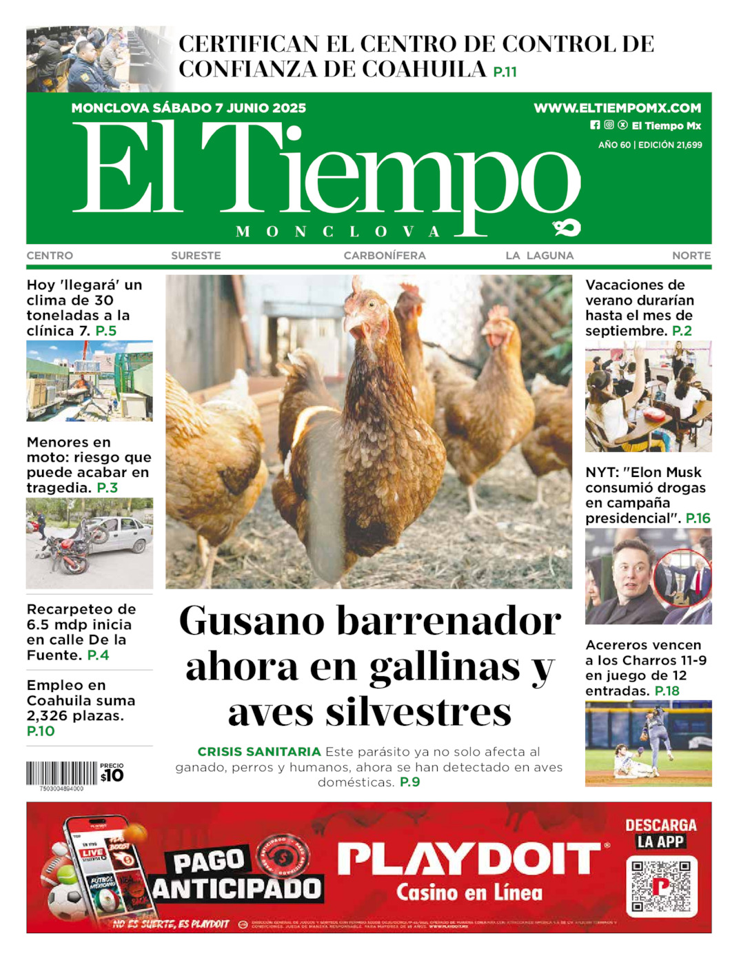 Edición impresa: Portada del sábado 07 de junio de 2025, El Tiempo de <strong>Monclova</strong>
