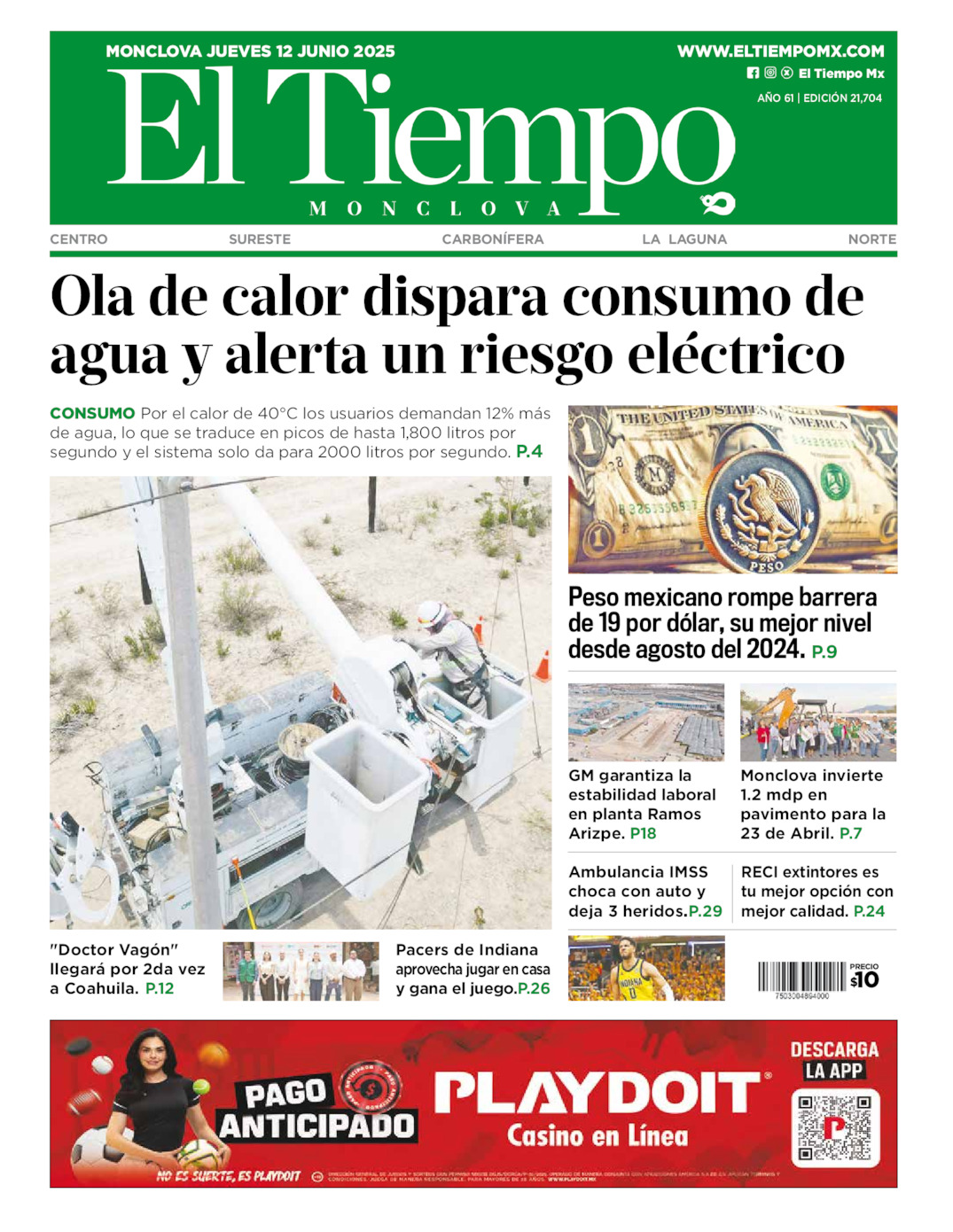 Edición impresa: Portada del jueves 12 de junio de 2025, El Tiempo de <strong>Monclova</strong>