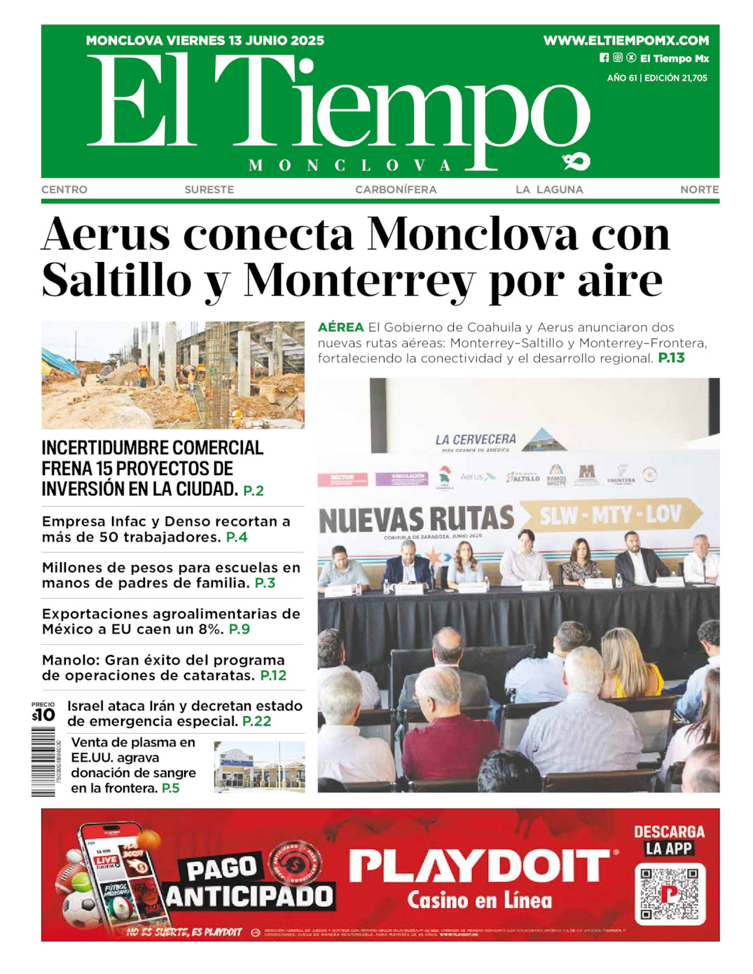 Edición impresa: Portada del viernes 13 de junio de 2025, El Tiempo de <strong>Monclova</strong>