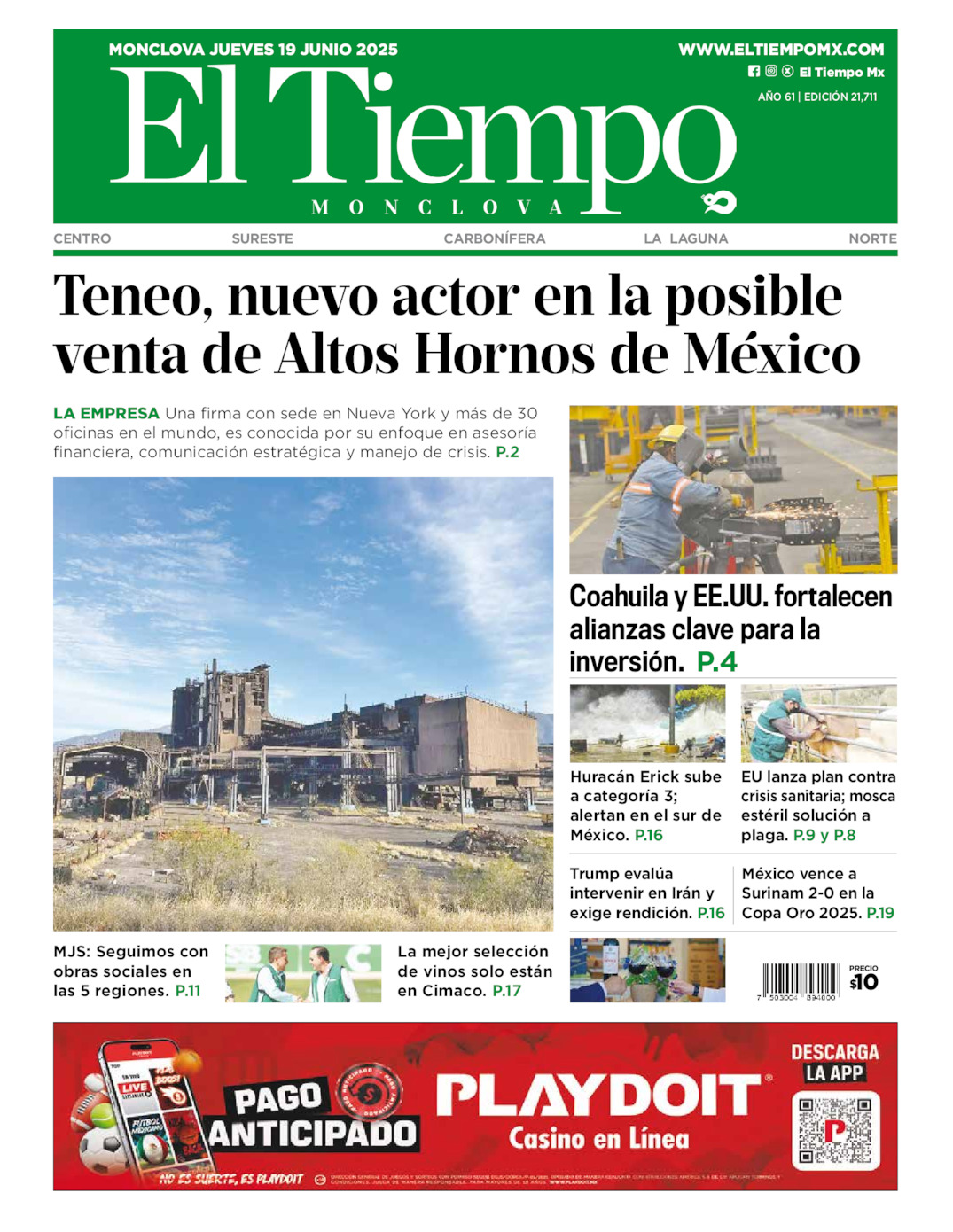Edición impresa: Portada del jueves 19 de junio de 2025, El Tiempo de <strong>Monclova</strong>