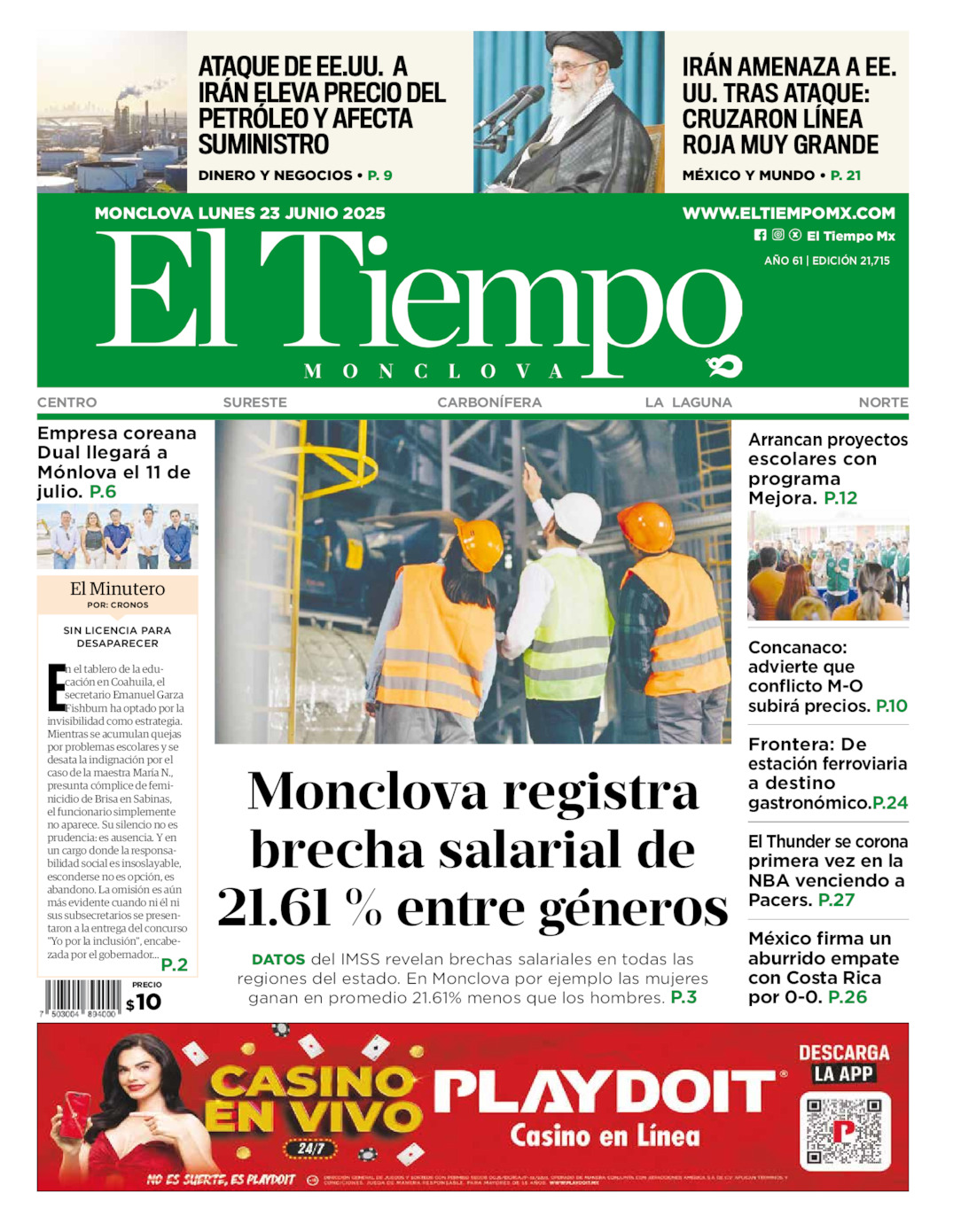 Edición impresa: Portada del lunes 23 de junio de 2025, El Tiempo de <strong>Monclova</strong>