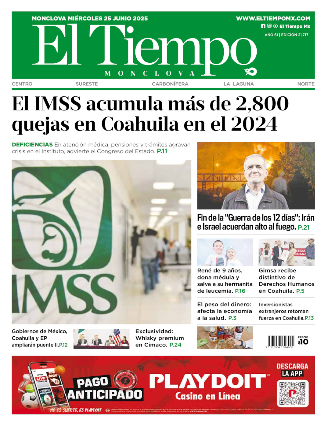Edición impresa: Portada del miércoles 25 de junio de 2025, El Tiempo de <strong>Monclova</strong>