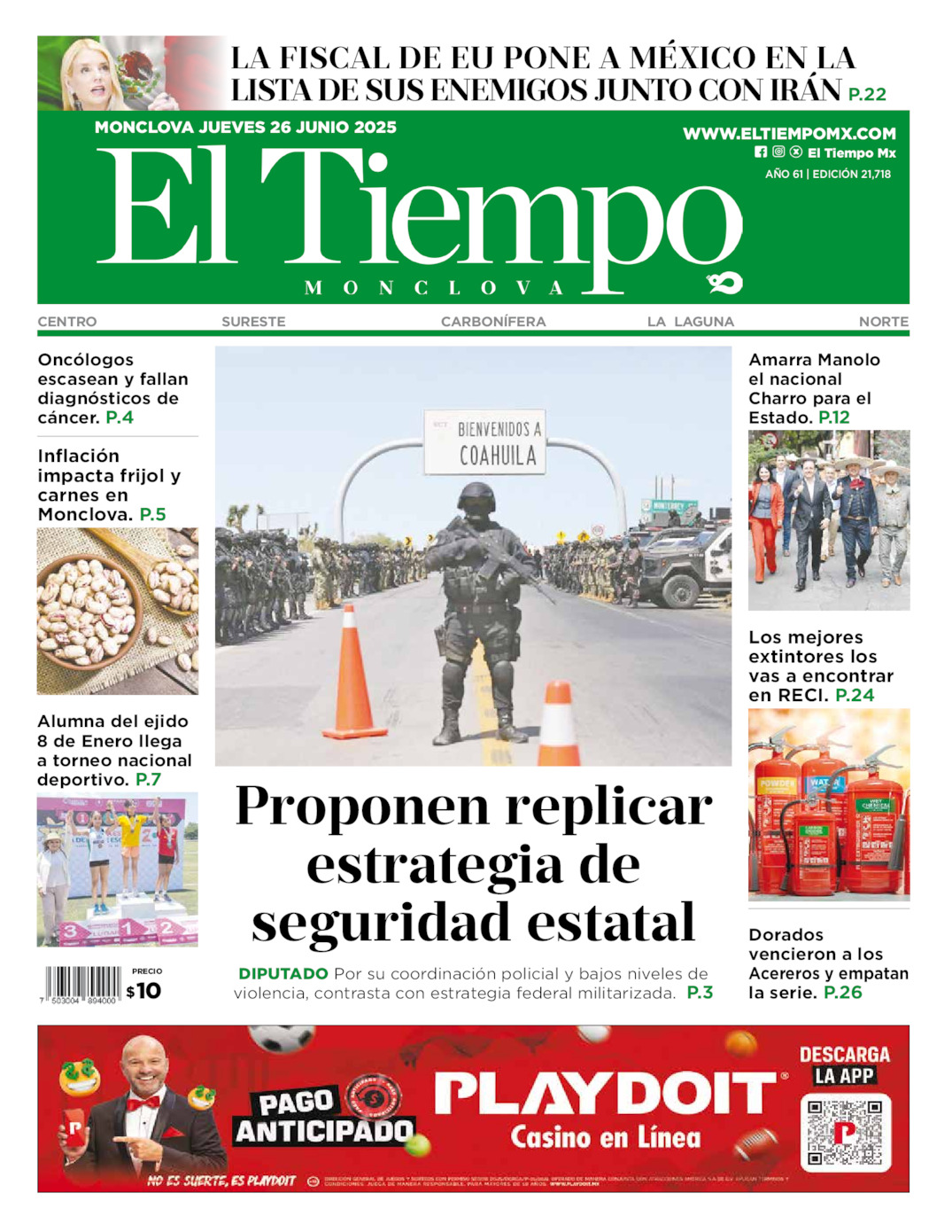 Edición impresa: Portada del jueves 26 de junio de 2025, El Tiempo de <strong>Monclova</strong>