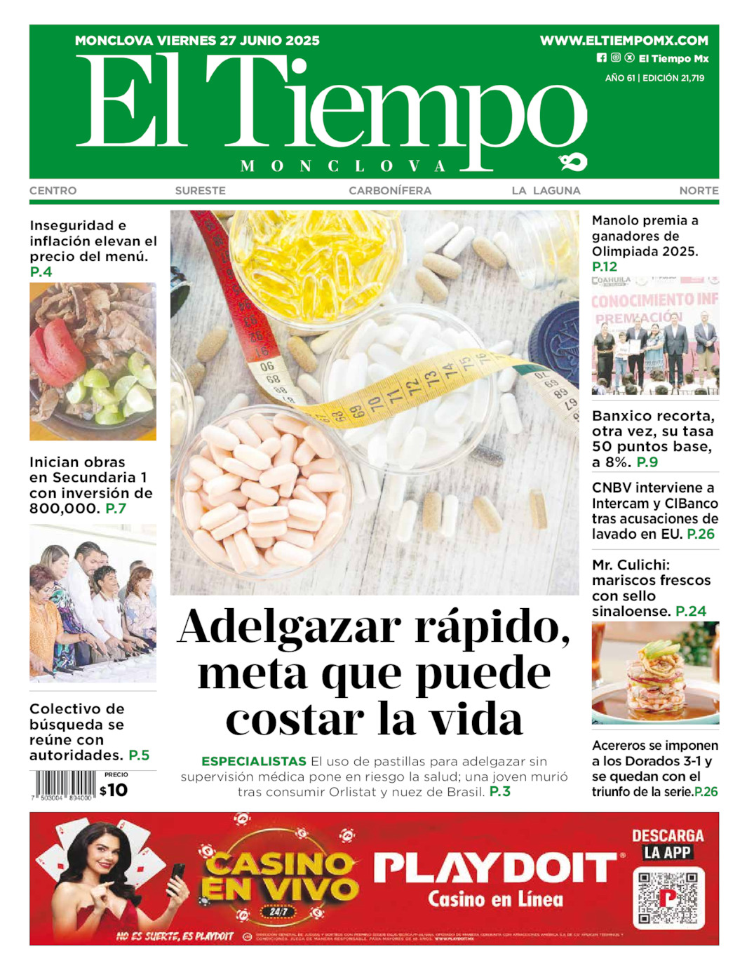 Edición impresa: Portada del viernes 27 de junio de 2025, El Tiempo de <strong>Monclova</strong>