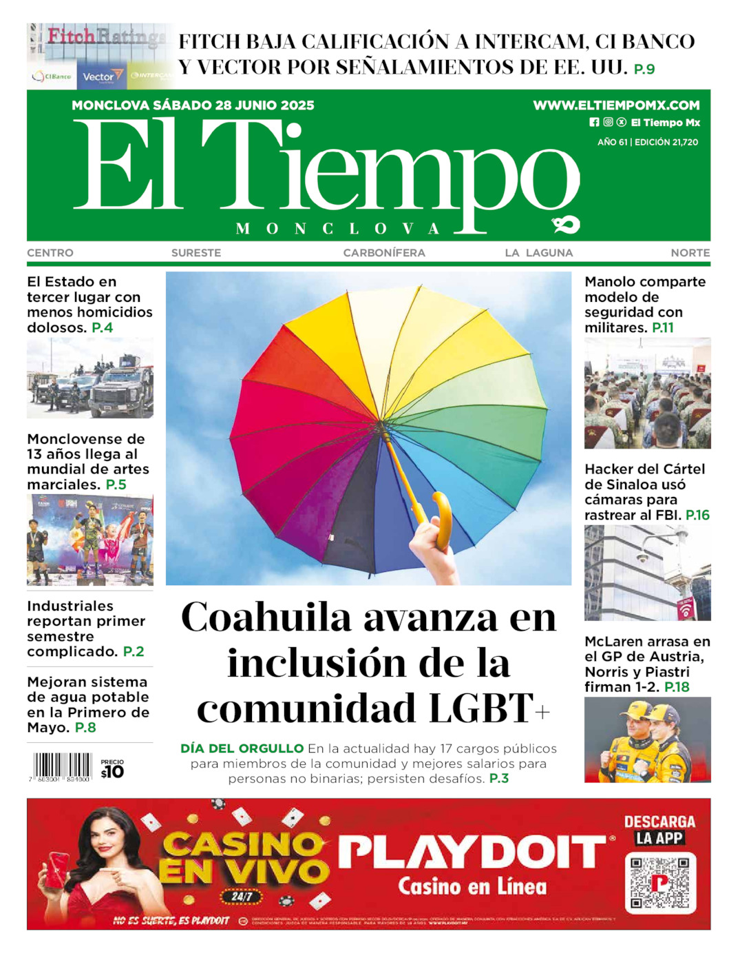 Edición impresa: Portada del sábado 28 de junio de 2025, El Tiempo de <strong>Monclova</strong>