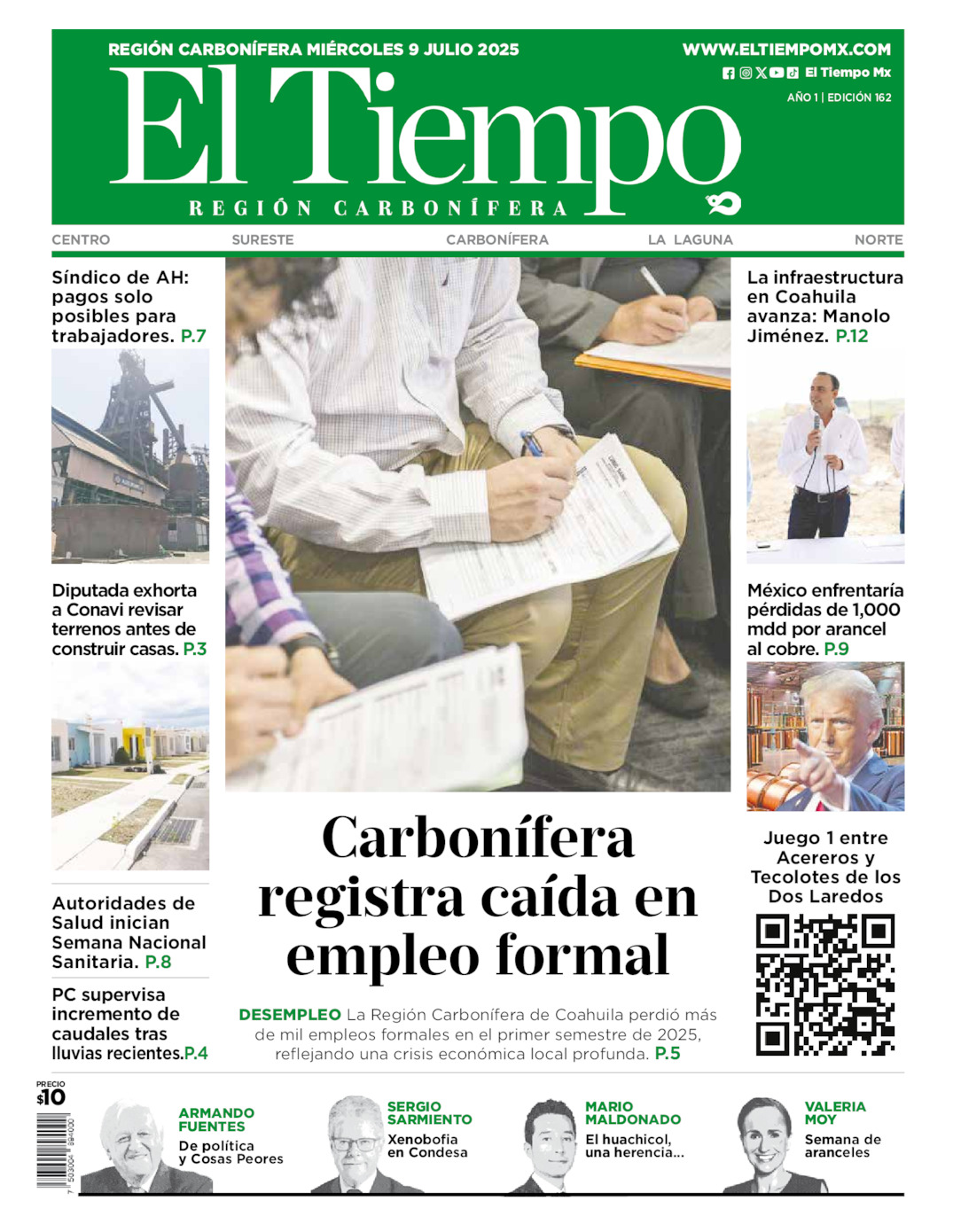Edición impresa: Portada del miércoles 09 de julio de 2025, El Tiempo región <strong>Carbonífera</strong>