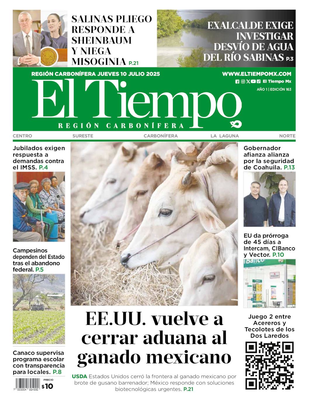 Edición impresa: Portada del jueves 10 de julio de 2025, El Tiempo región <strong>Carbonífera</strong>