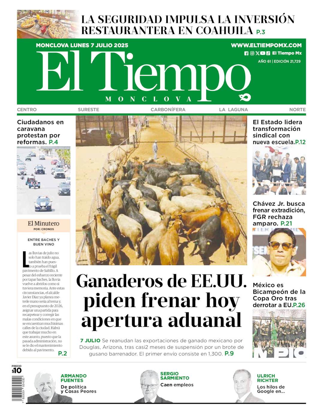 Edición impresa: Portada del lunes 07 de julio de 2025, El Tiempo de <strong>Monclova</strong>