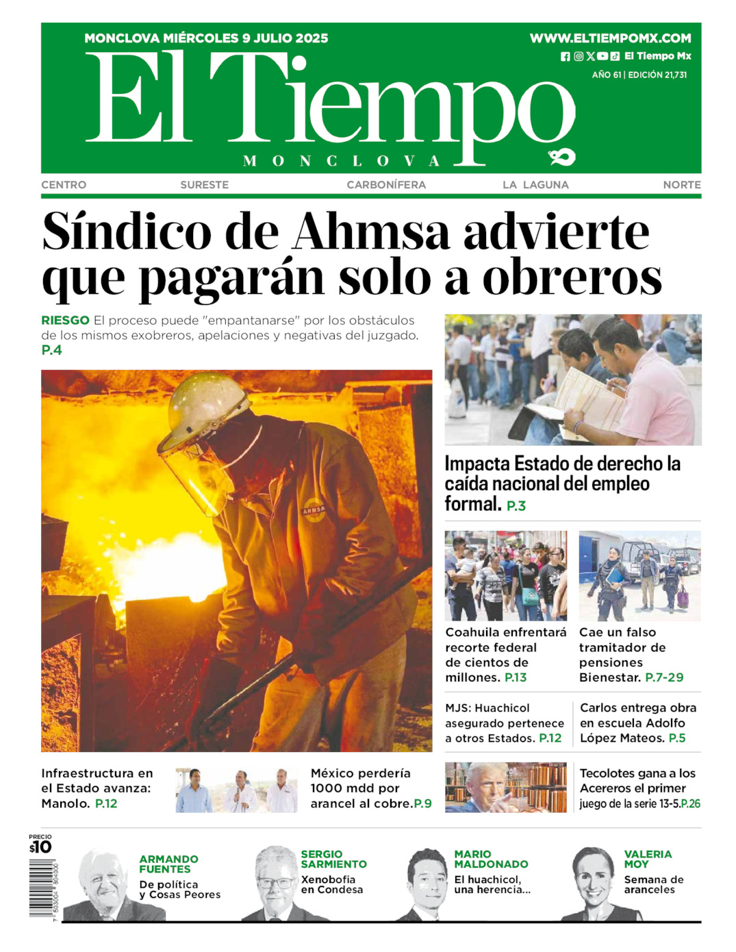 Edición impresa: Portada del miércoles 09 de julio de 2025, El Tiempo de <strong>Monclova</strong>