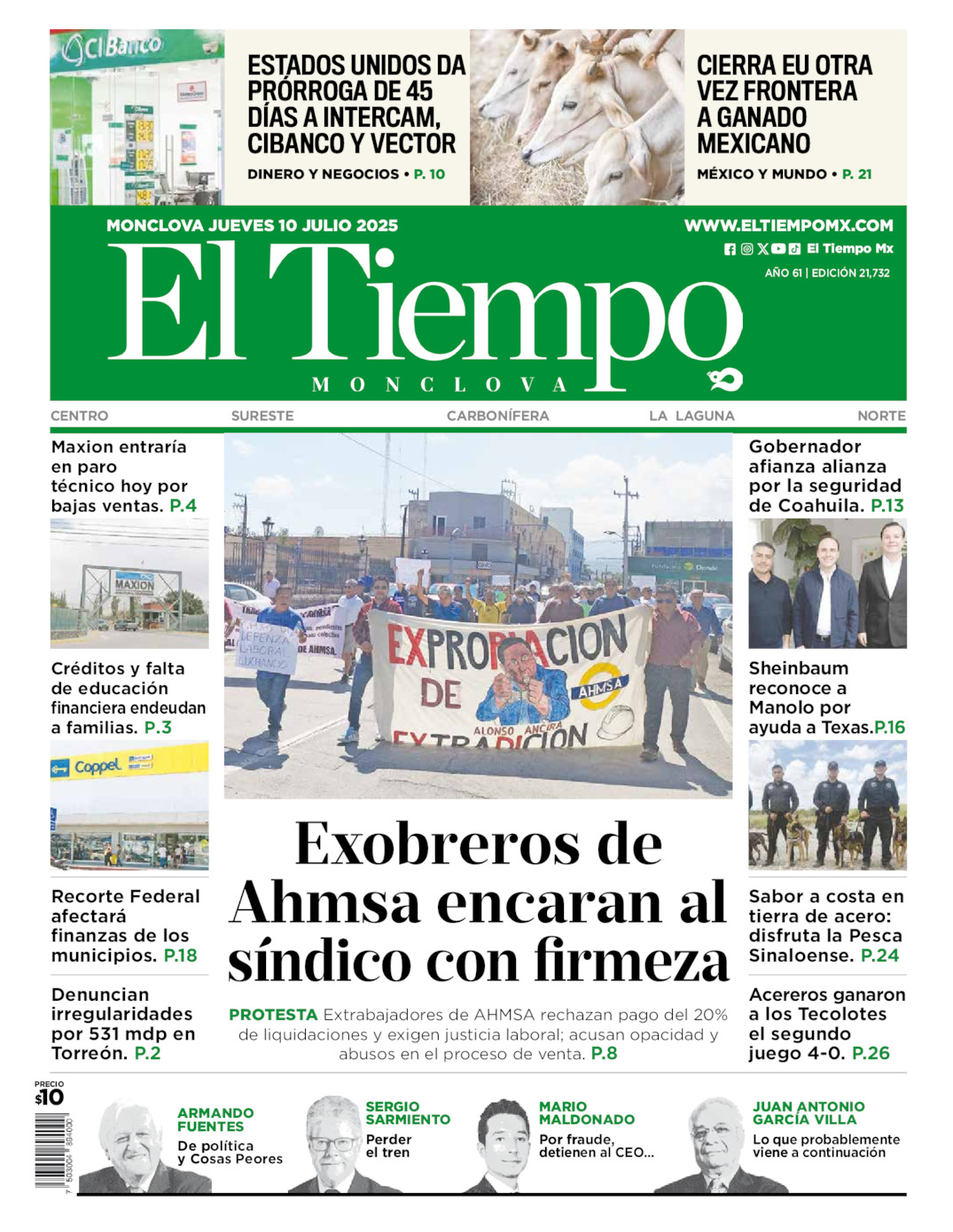 Edición impresa: Portada del jueves 10 de julio de 2025, El Tiempo de <strong>Monclova</strong>