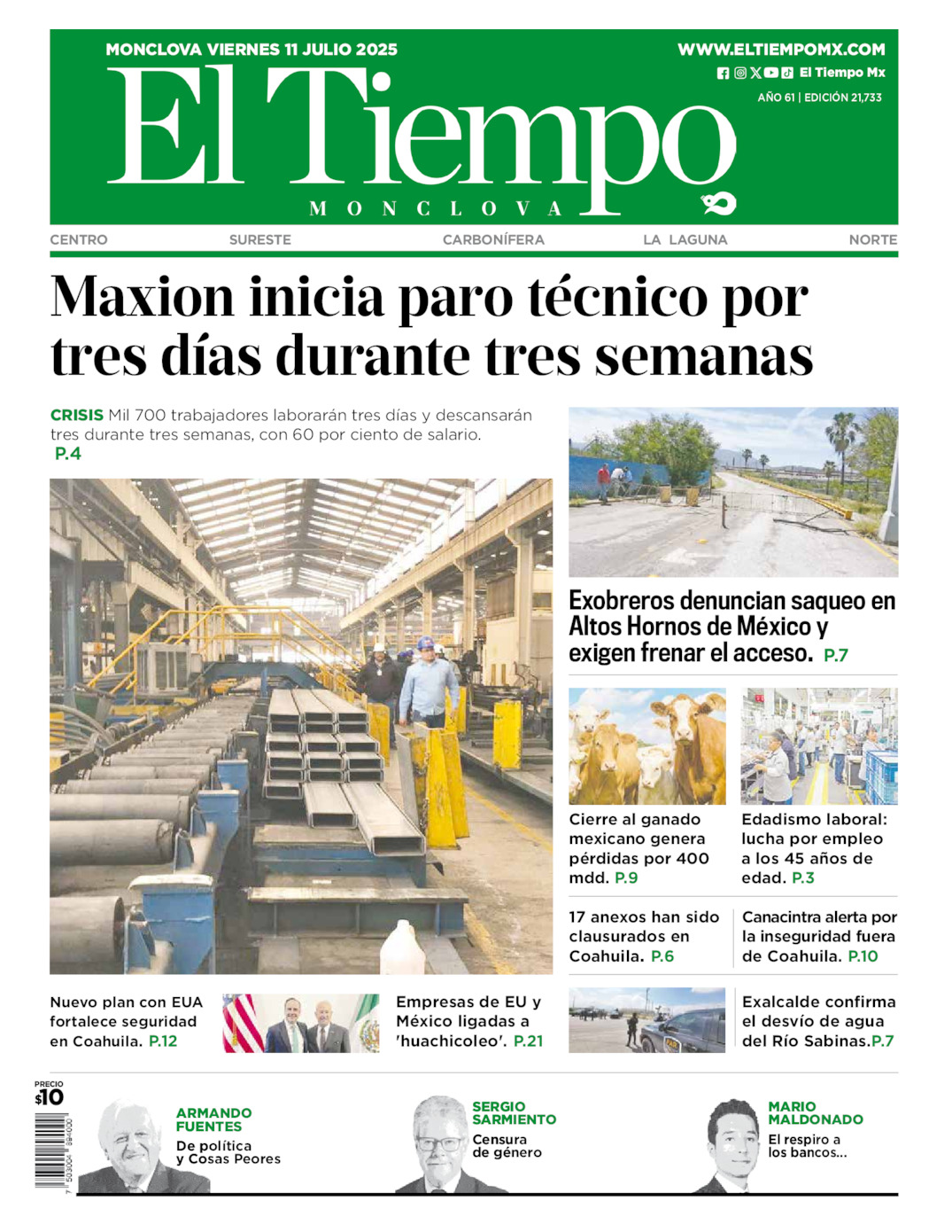 Edición impresa: Portada del viernes 11 de julio de 2025, El Tiempo de <strong>Monclova</strong>