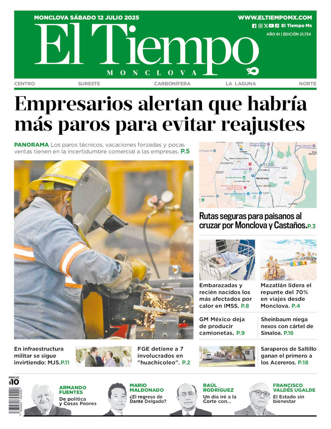 Edición impresa: Portada del sábado 12 de julio de 2025, El Tiempo de <strong>Monclova</strong>
