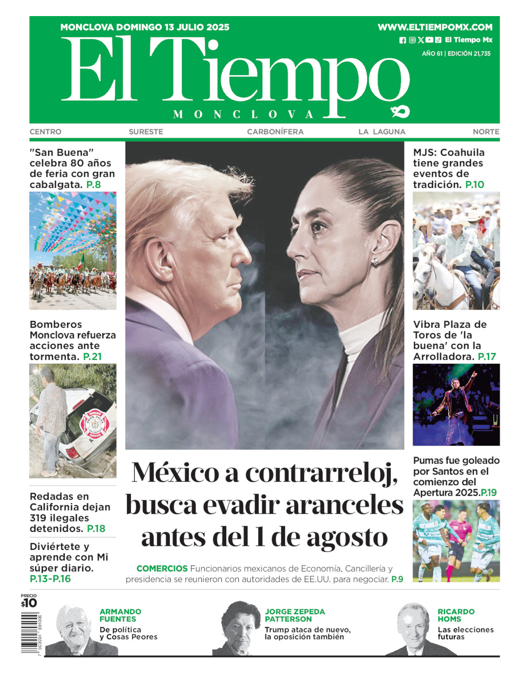 Edición impresa: Portada del domingo 13 de julio de 2025, El Tiempo de <strong>Monclova</strong>