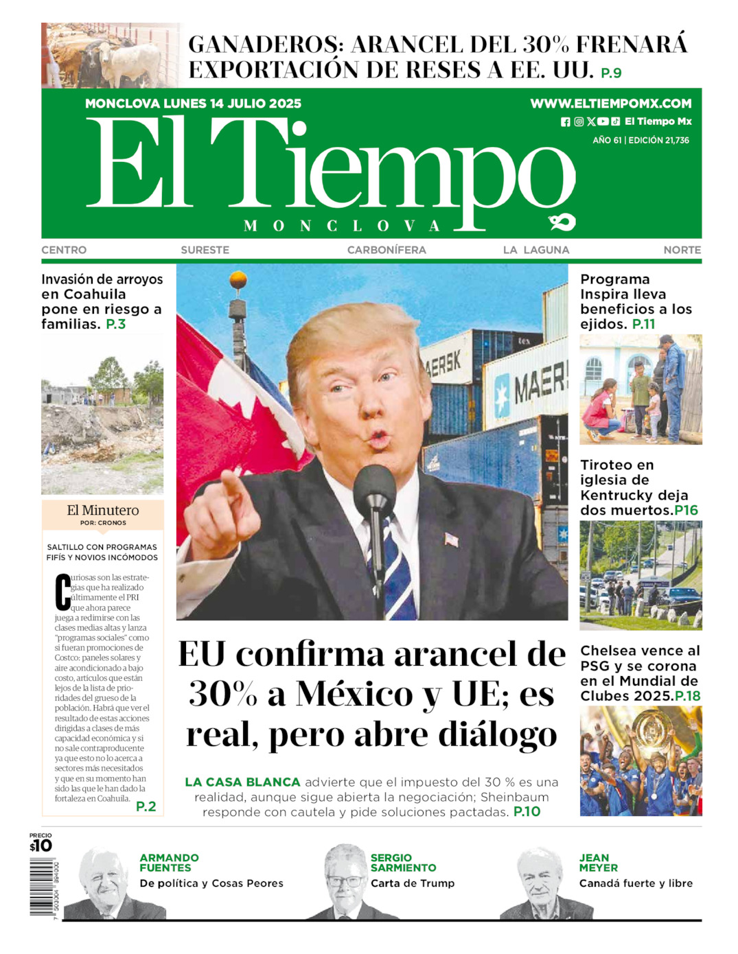 Edición impresa: Portada del lunes 14 de julio de 2025, El Tiempo de <strong>Monclova</strong>