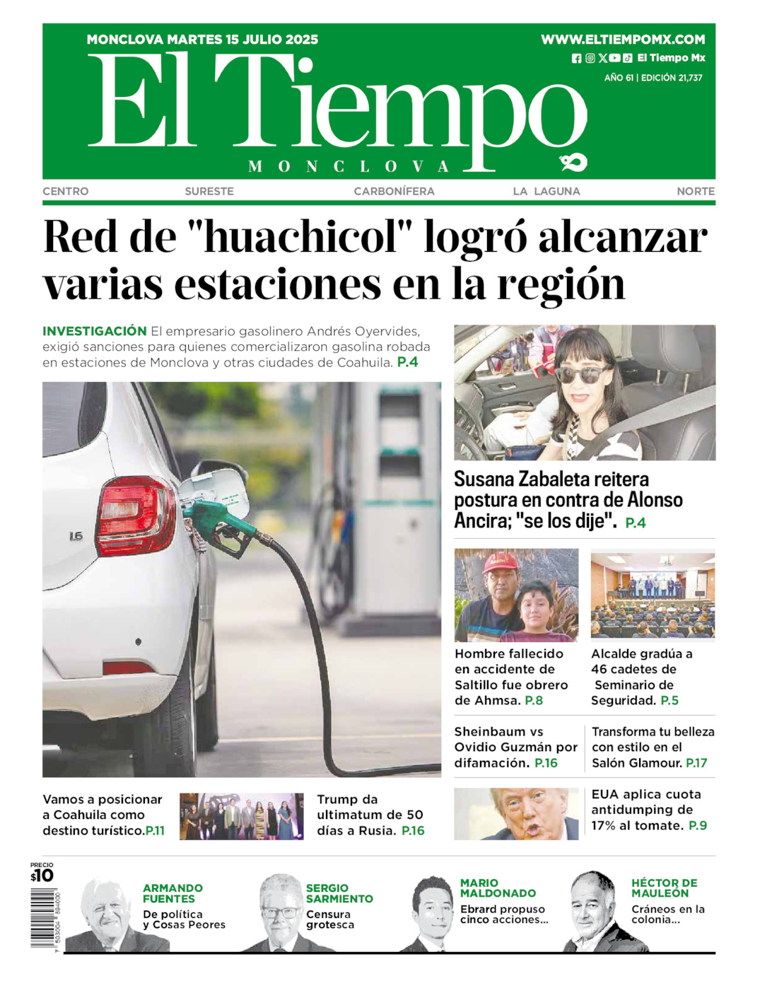 Edición impresa: Portada del martes 15 de julio de 2025, El Tiempo de <strong>Monclova</strong>
