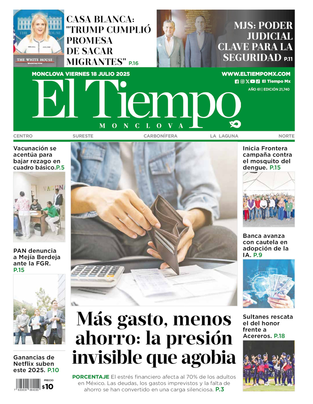 Edición impresa: Portada del viernes 18 de julio de 2025, El Tiempo de <strong>Monclova</strong>