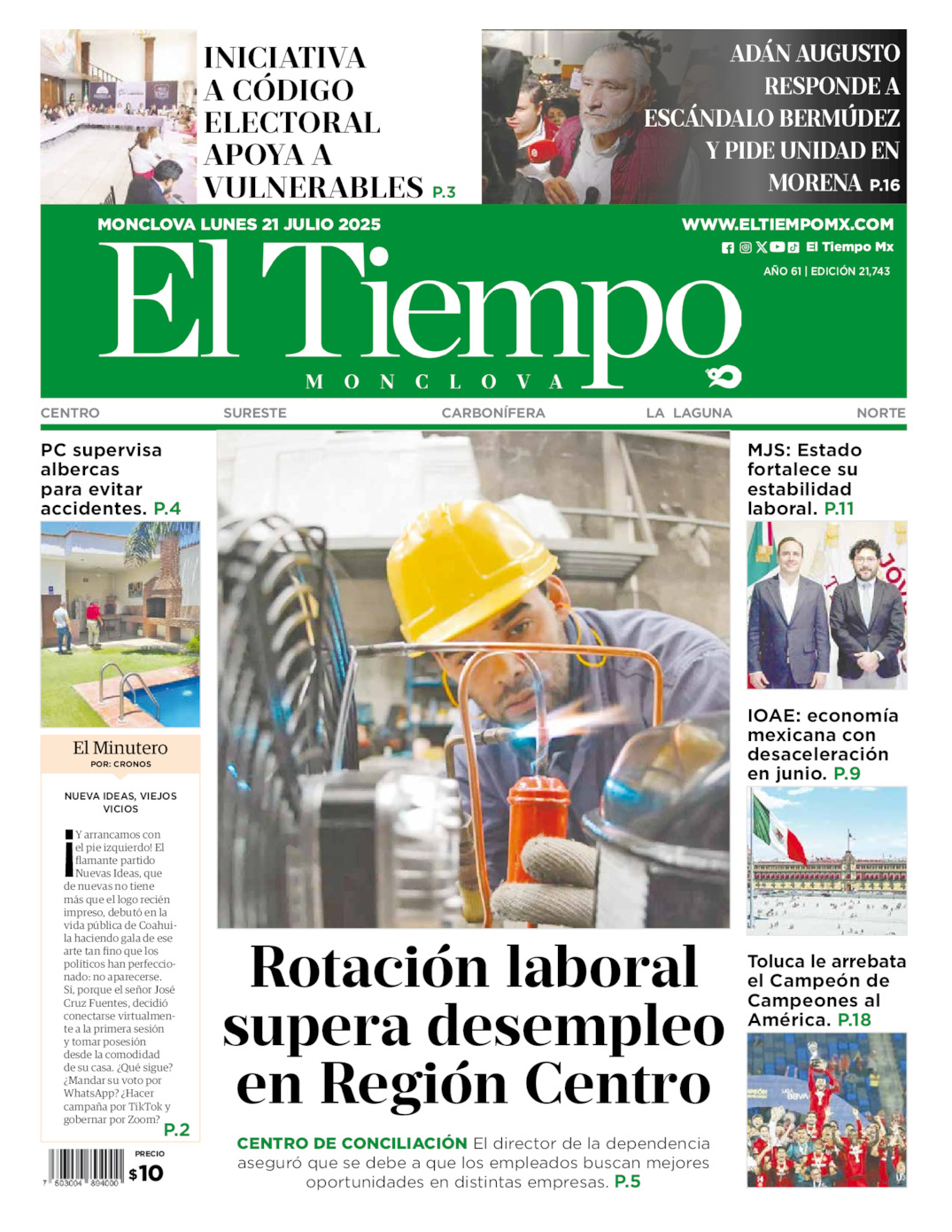 Edición impresa: Portada del lunes 21 de julio de 2025, El Tiempo de <strong>Monclova</strong>