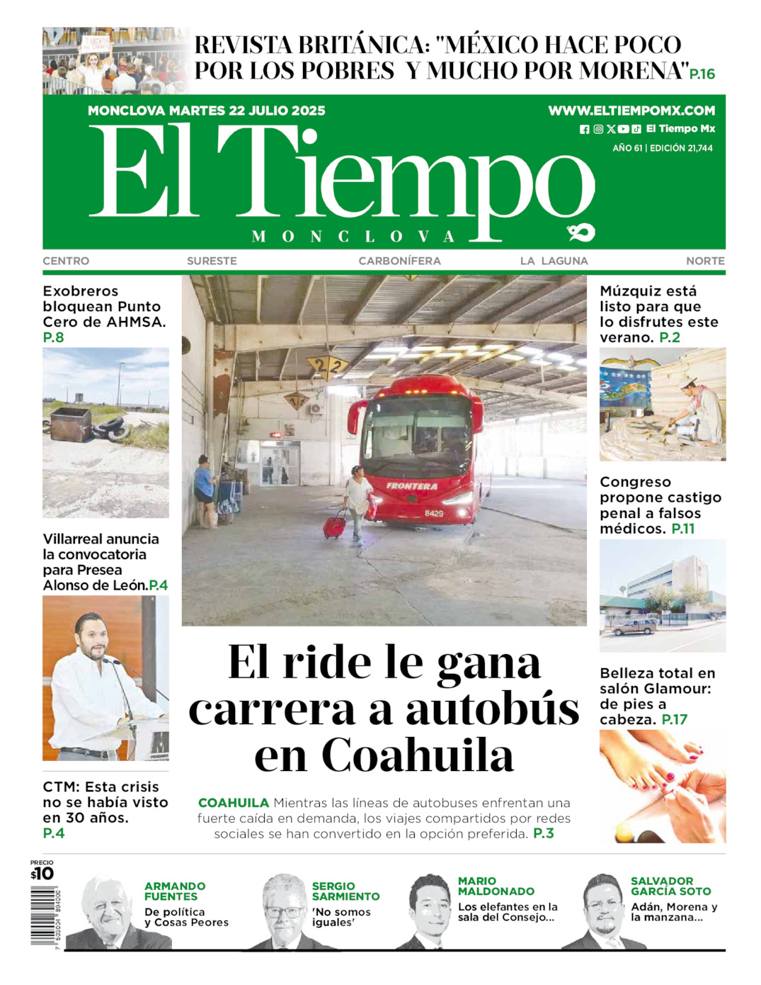 Edición impresa: Portada del martes 22 de julio de 2025, El Tiempo de <strong>Monclova</strong>
