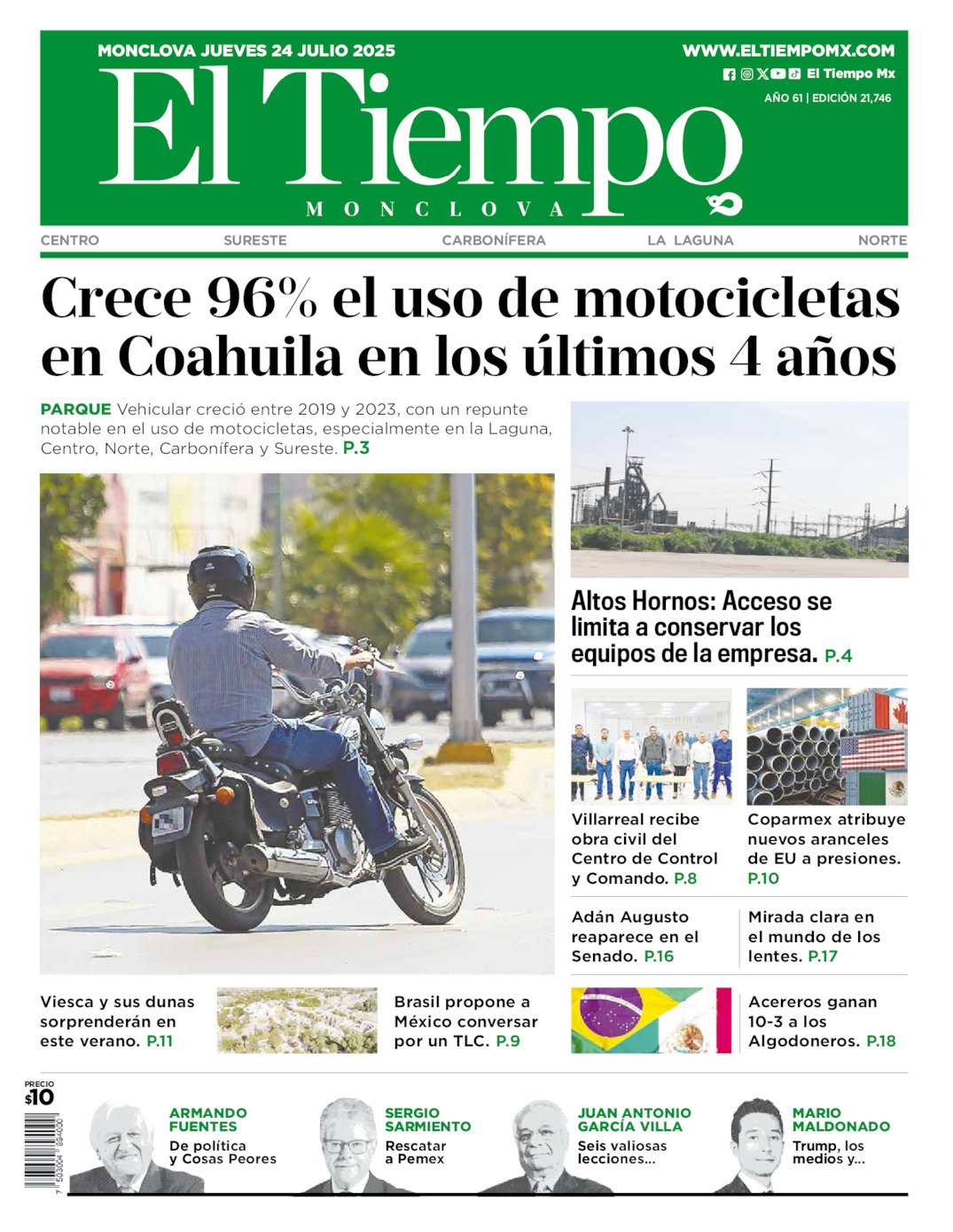 Edición impresa: Portada del jueves 24 de julio de 2025, El Tiempo de <strong>Monclova</strong>