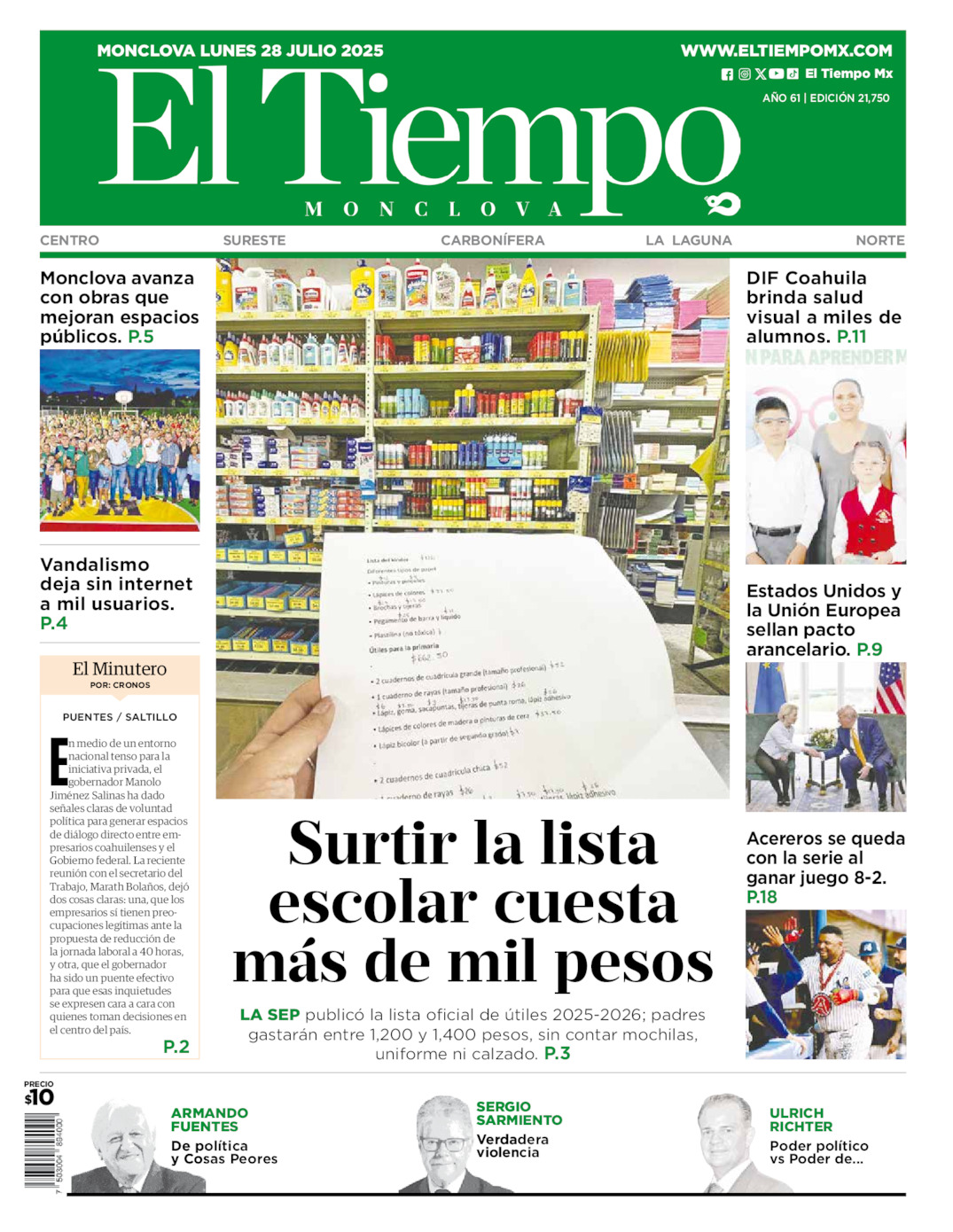 Edición impresa: Portada del lunes 28 de julio de 2025, El Tiempo de <strong>Monclova</strong>