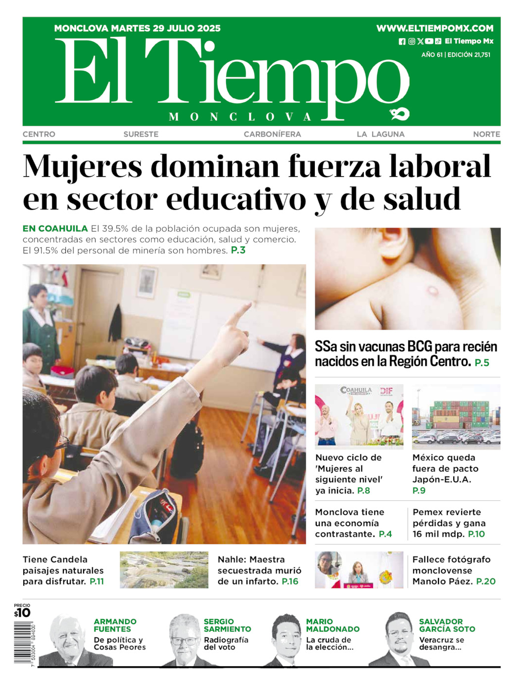 Edición impresa: Portada del martes 29 de julio de 2025, El Tiempo de <strong>Monclova</strong>