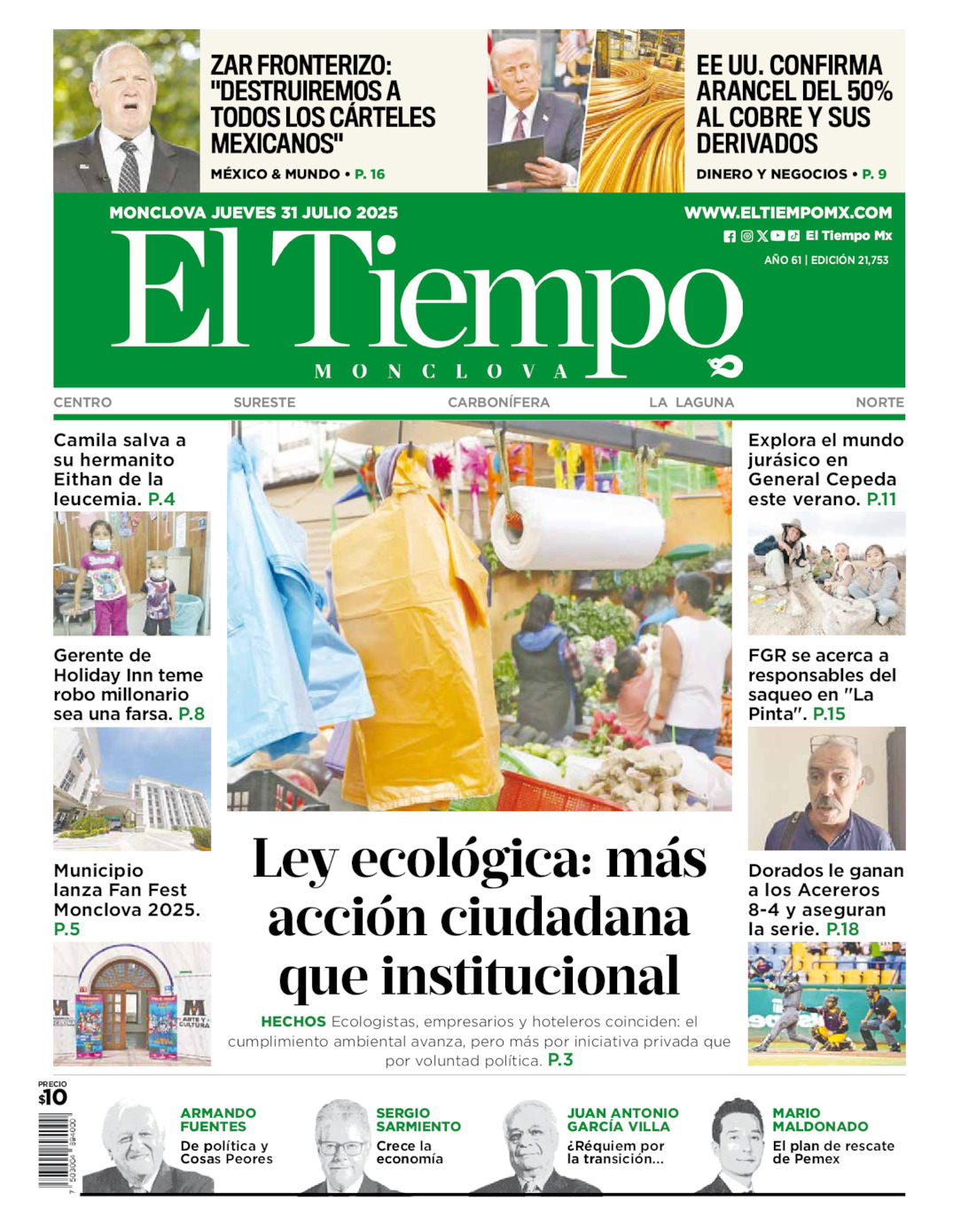Edición impresa: Portada del jueves 31 de julio de 2025, El Tiempo de <strong>Monclova</strong>