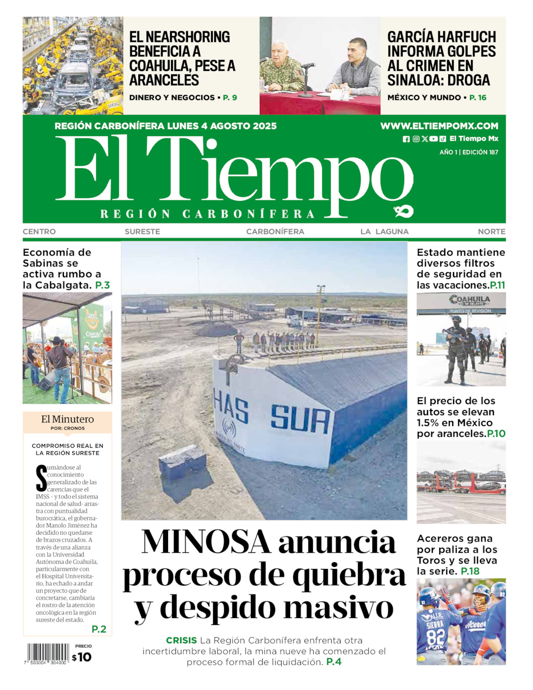 Edición impresa: Portada del lunes 04 de agosto de 2025, El Tiempo región <strong>Carbonífera</strong>