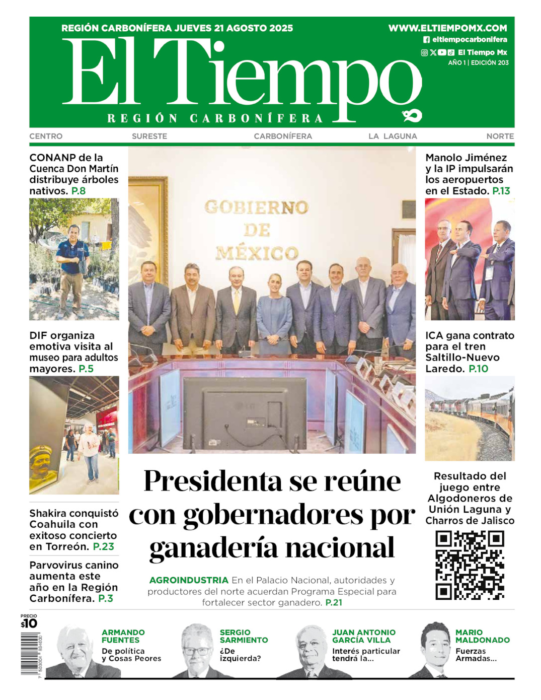 Edición impresa: Portada del jueves 21 de agosto de 2025, El Tiempo región <strong>Carbonífera</strong>